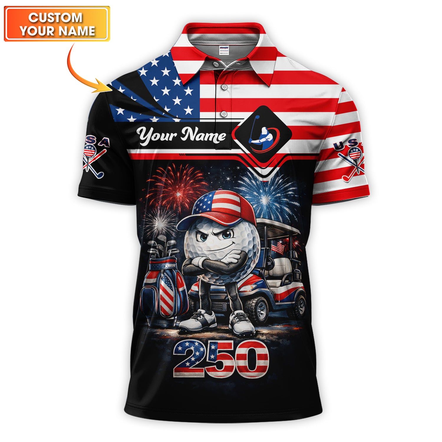 Personalized USA Flag Golf Shirt For Men, American Patriotic Fireworks Golf Ball Pattern Golf Polos, Independence Day Golf Gift For Golfer