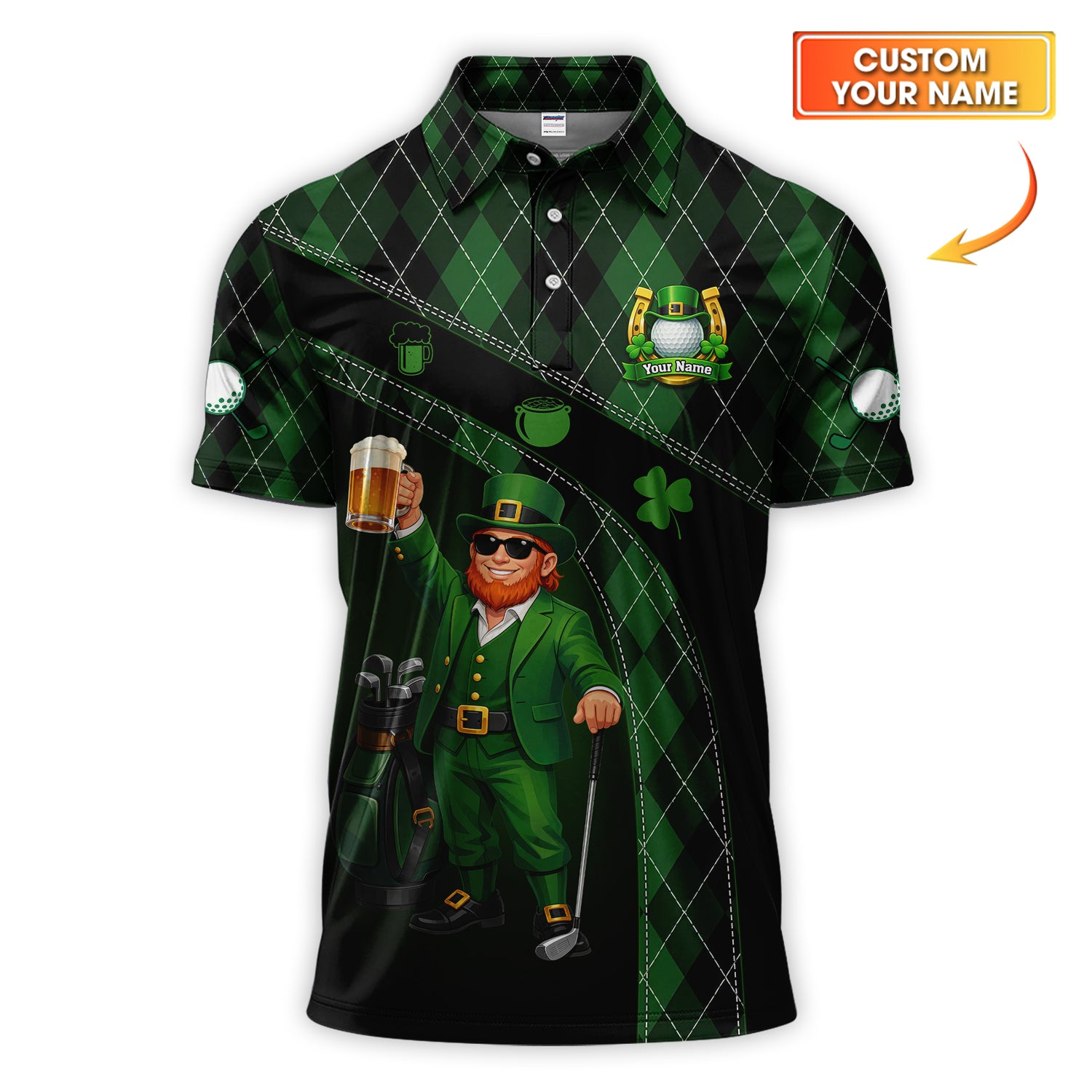 Personalized Shamrock Beer Golf Shirt, St Patrick Green Leprechaun Golf Bag Beer Pattern Golf Polos, Golf Gift For Golfer