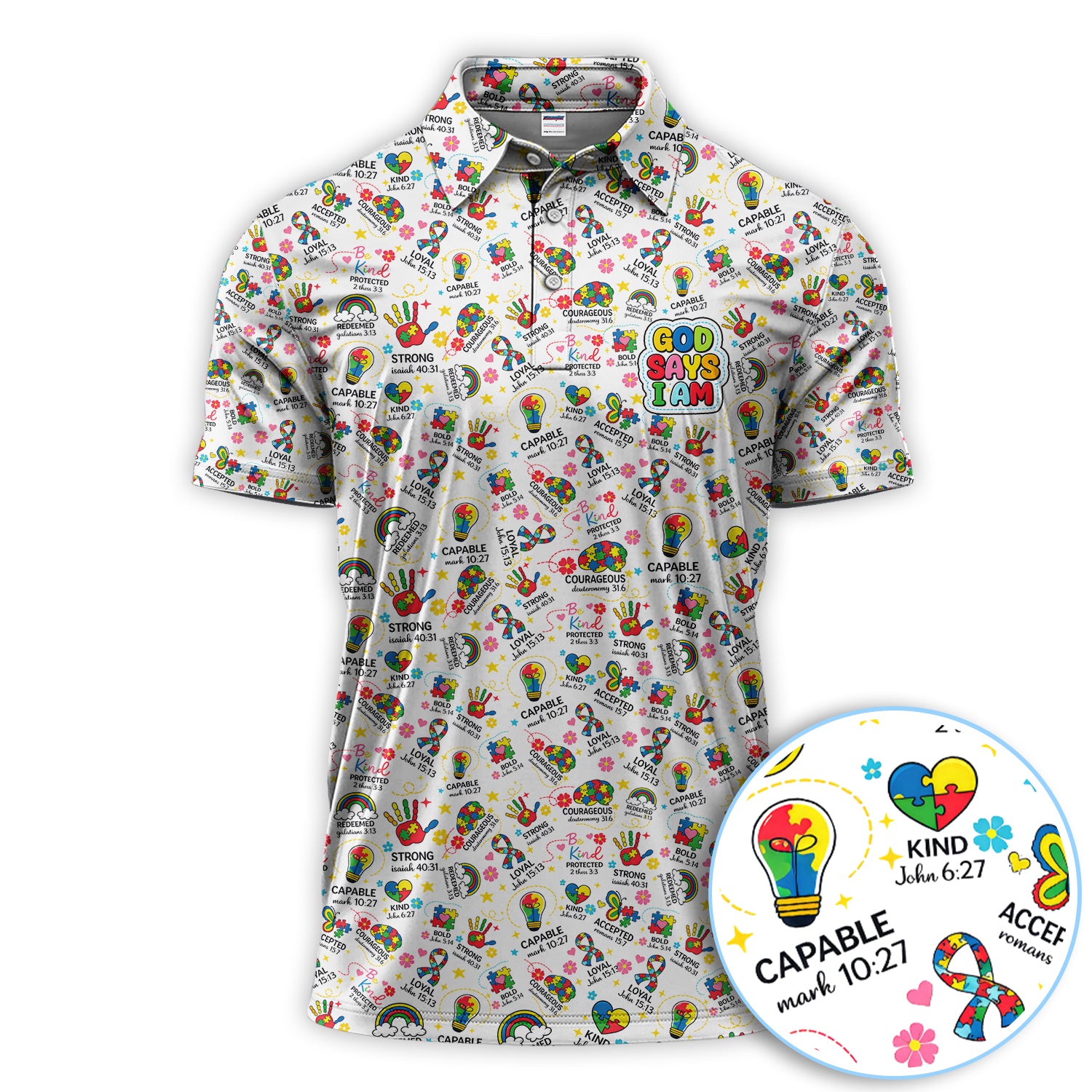 Autism Awareness Golf Polos, God Says I Am Pattern Golf Shirt, Gift For Autism Spectrum Disorder Faith Support