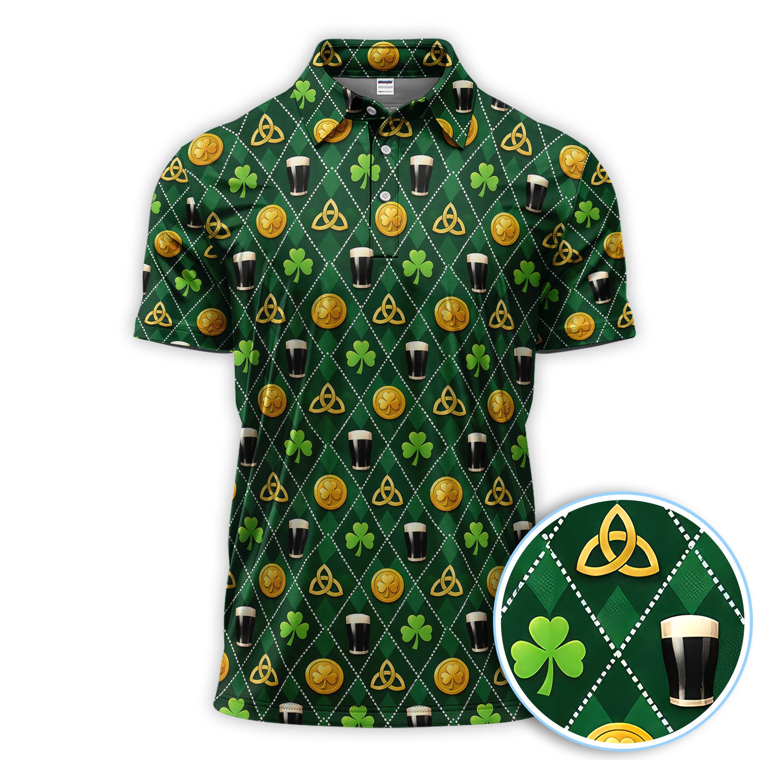 St Patrick’s Day Green Argyle Pattern Golf Shirt, Irish Celtic Beer And Shamrock Golf Polos For Golfer