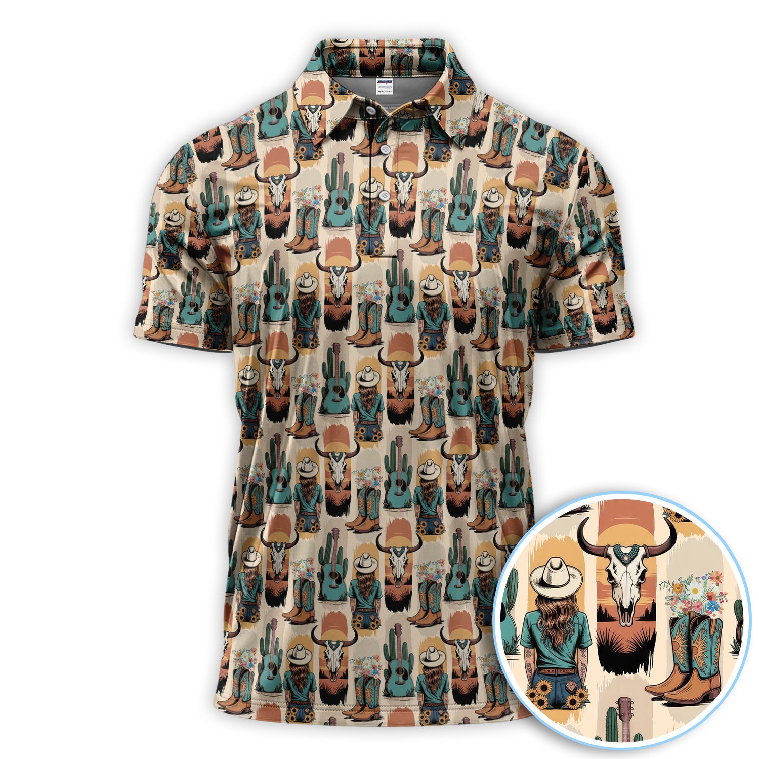Western Boho Cowgirl Longhorn Cactus Pattern Shirt, Cowgirl Western Style Shirt For Men, Pattern Golf SHirt