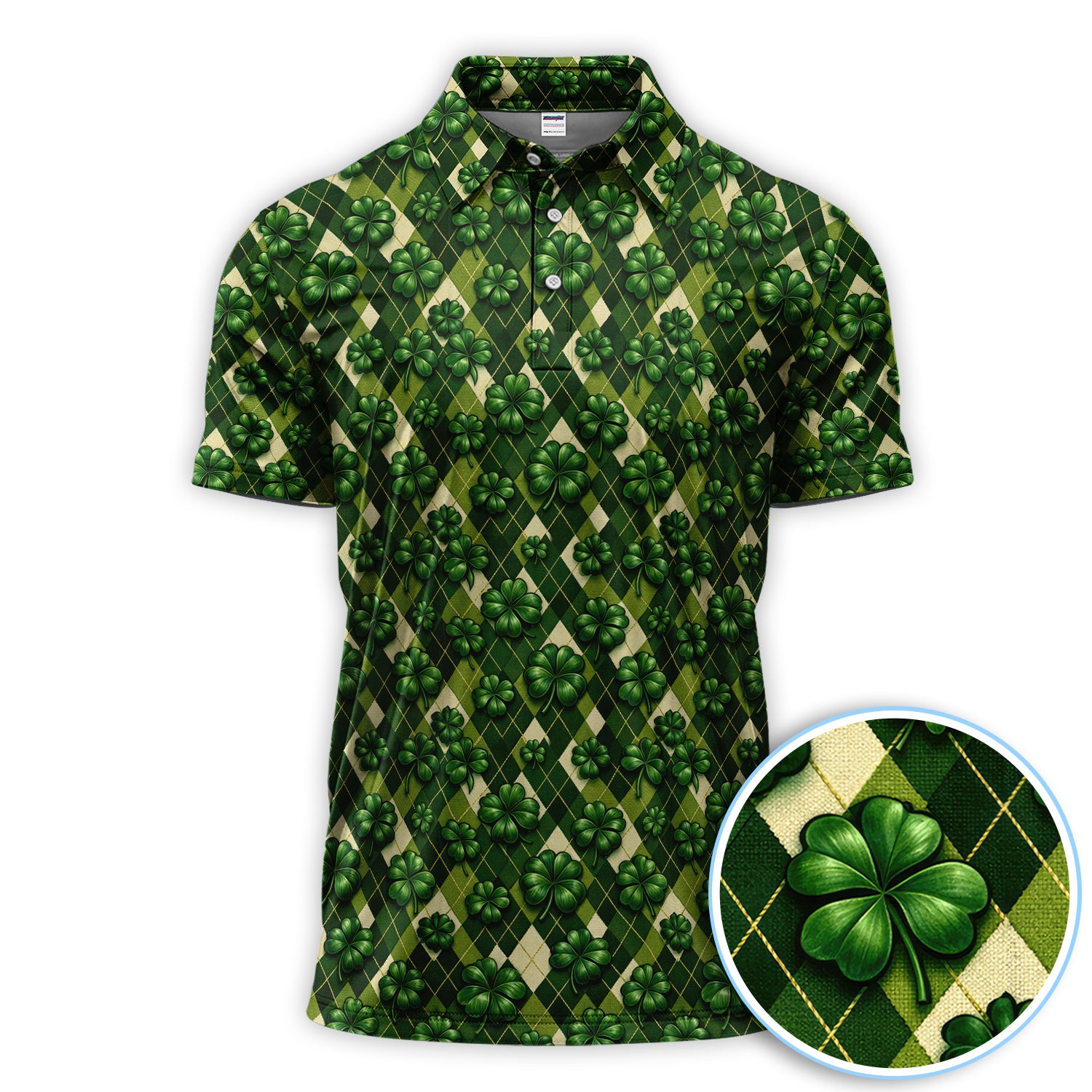 Green Clover Pattern Golf Shirt, St Patrick’s Day Shamrock Argyle Golf Polos For Golfer