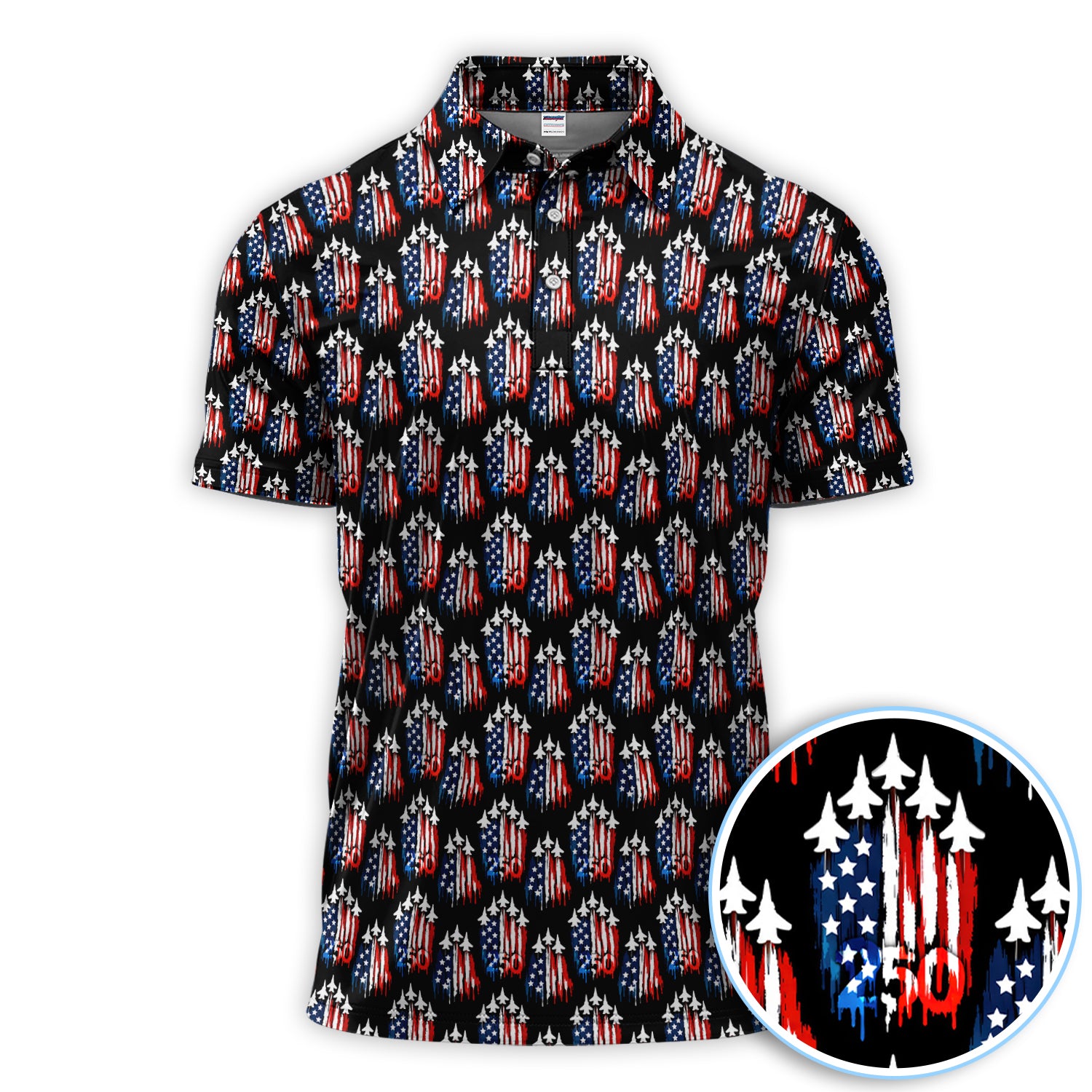 Patriotic Jet American Flag 250 Golf Shirt For Men, USA Air Force Pattern Golf Polos, Golf Gift For Golfer