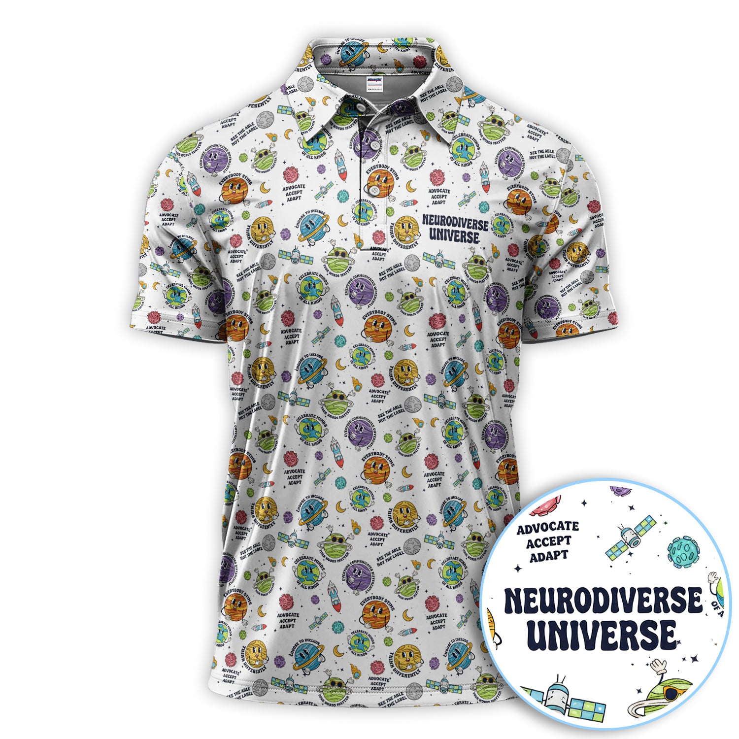 Neurodiverse Universe Planet Pattern Golf Shirt, Autism Awareness Space Print Golf Polos, Golf Gift For Golfer
