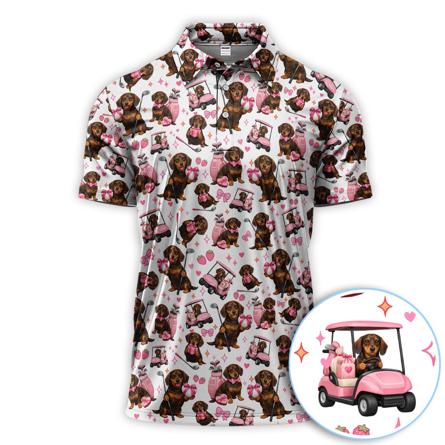 Dachshund Valentine Pattern Golf Shirt, Wiener Dog Golf Polos For Men, Golf Gift For Golfer