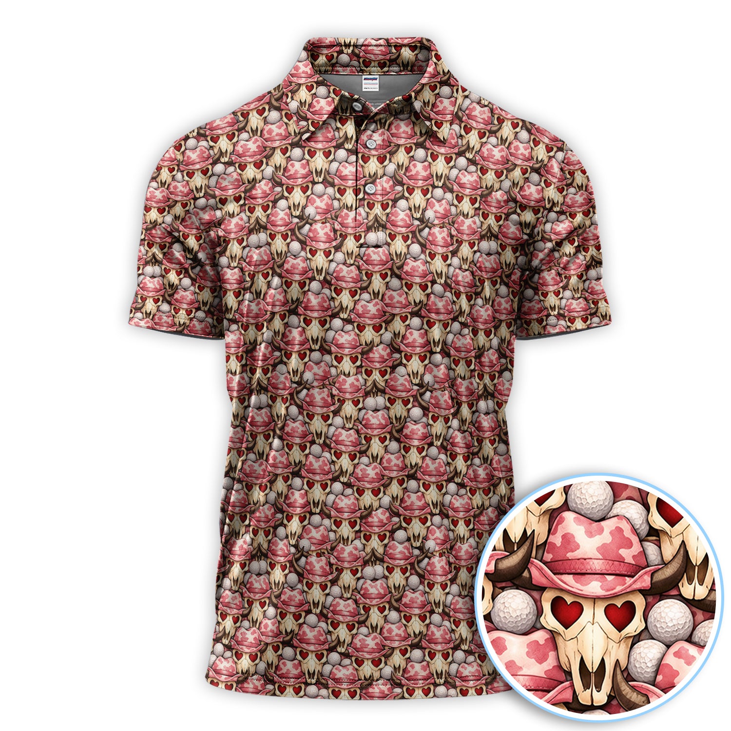 Cowboy Loves Golf Shirt, Pink Western Skull Heart Pattern Golf Polos For Men, Fun Golf Gift For Golfer
