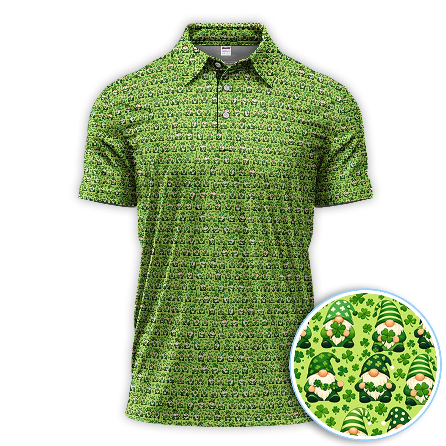 St Patrick’s Day Gnome Pattern Golf Shirt, Green Shamrock Golf Polos For Golfer