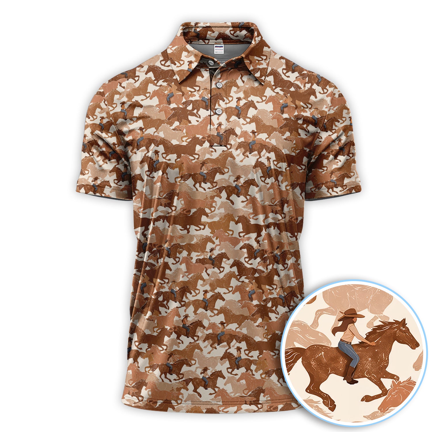 Western Horse Rider Pattern Polo Shirt, Western Print Golf Shirt For Men, Golf Gift For Golfer