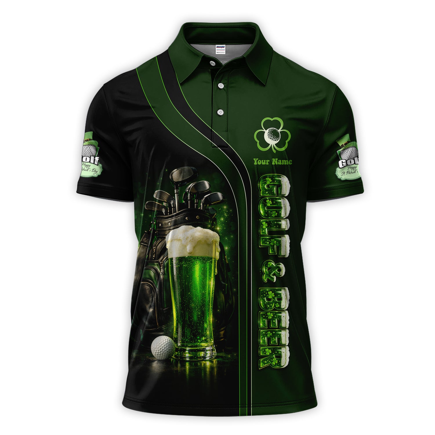 Personalized Shamrock Beer Golf Shirt, St Patrick Green Golf Bag Beer Pattern Golf Polos, Golf Gift For Golfer