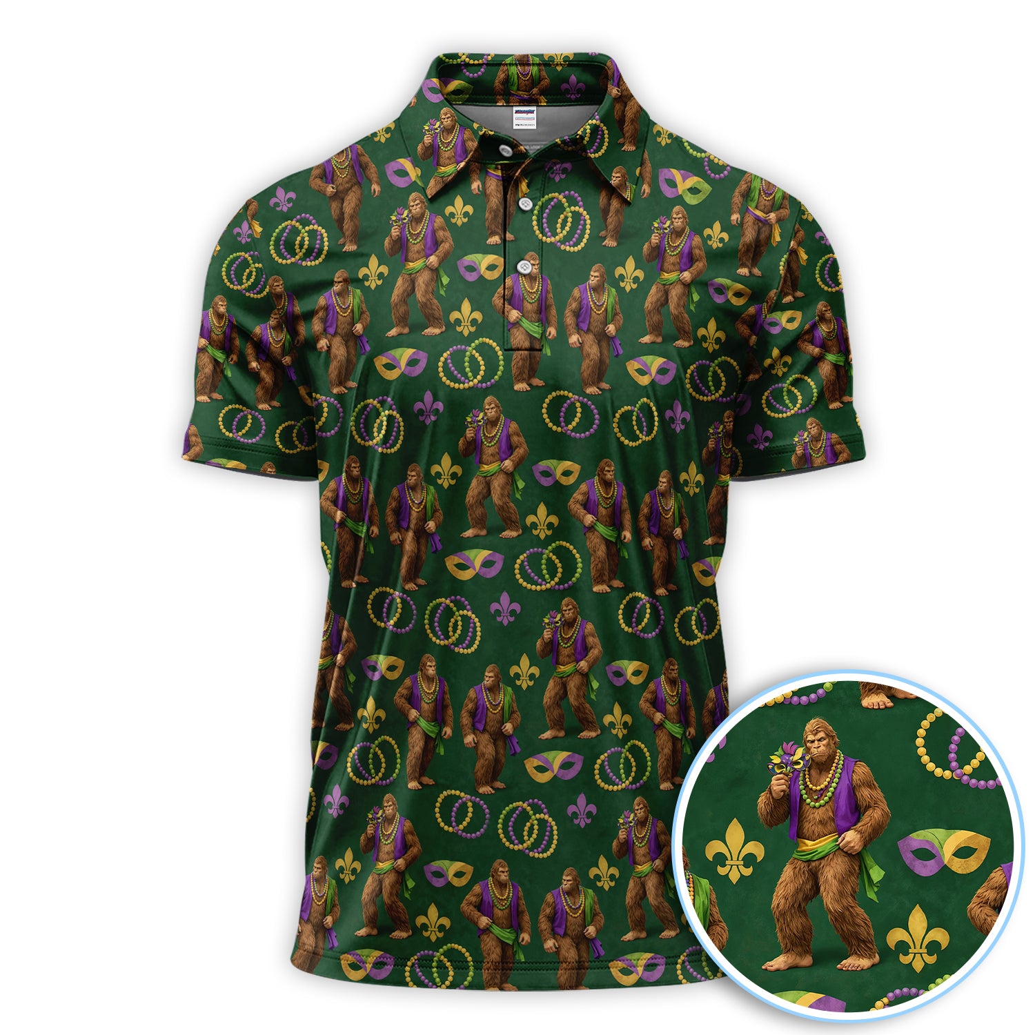 Bigfoot Mardi Gras Pattern Golf Polos, Sasquatch Holiday Golf Shirt, Golf Gift For Golfer