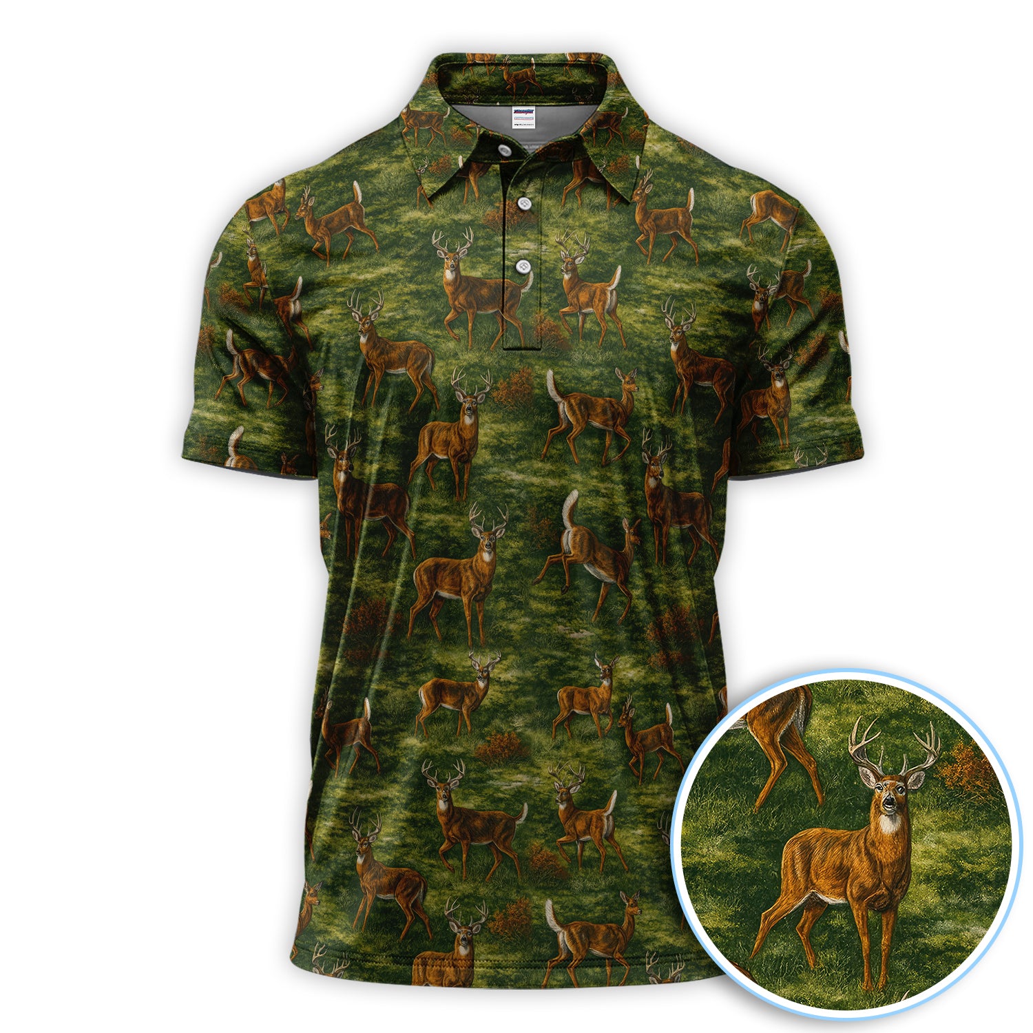 Deer Pattern Polo, Classic Wildlife Hunting Style Golf Shirt, Crazy Golf Shirt For Men