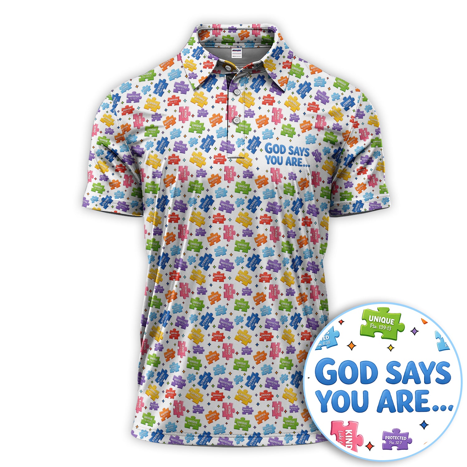 Inspirational God Says You Are Golf Shirt, Colorful Puzzle Scripture Pattern Golf Polos, Golf Gift For Men