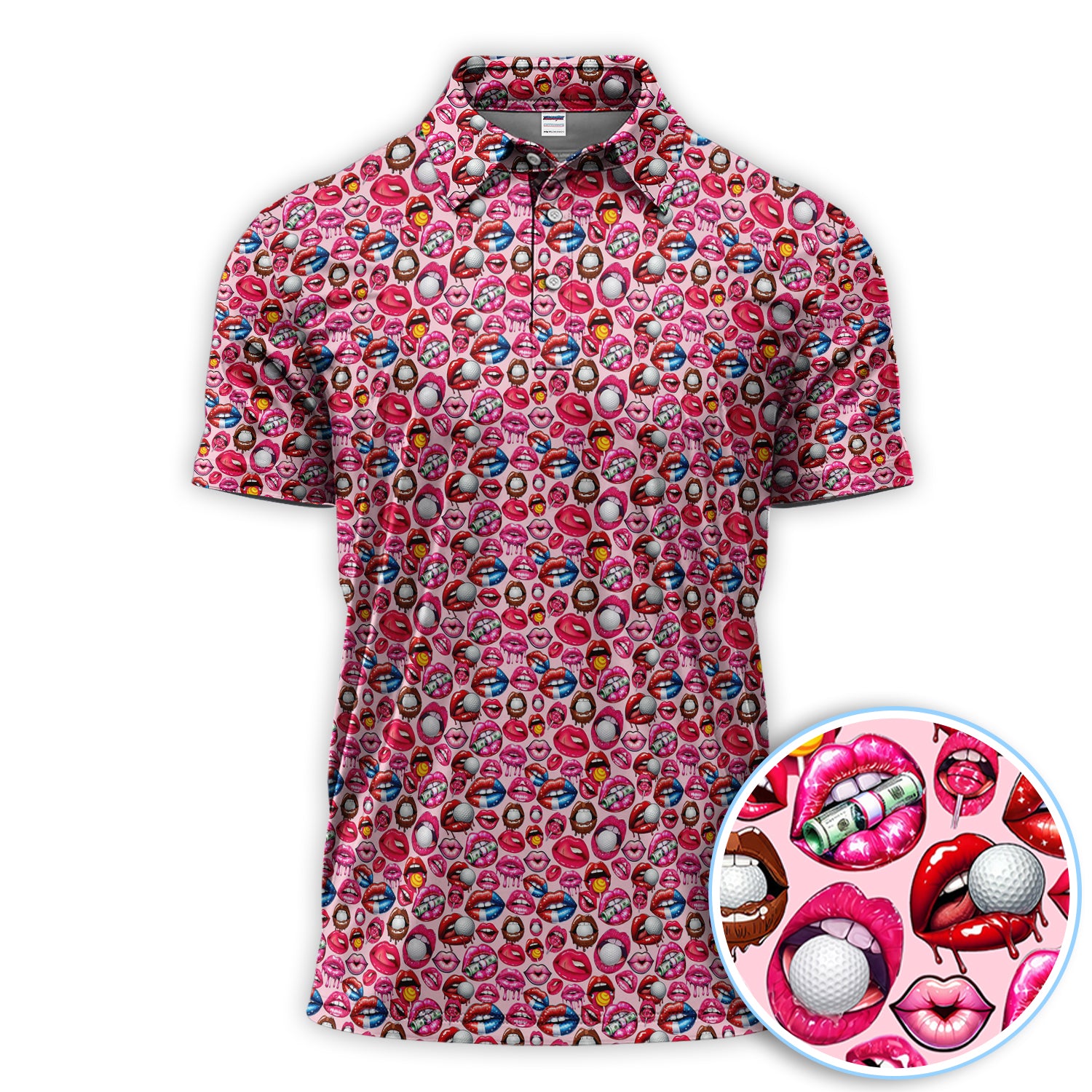 Funny Lips and Golf Ball Pattern Polo Shirt, Cute Golf Print Golf Shirt For Men, Golf Gift For Golfer