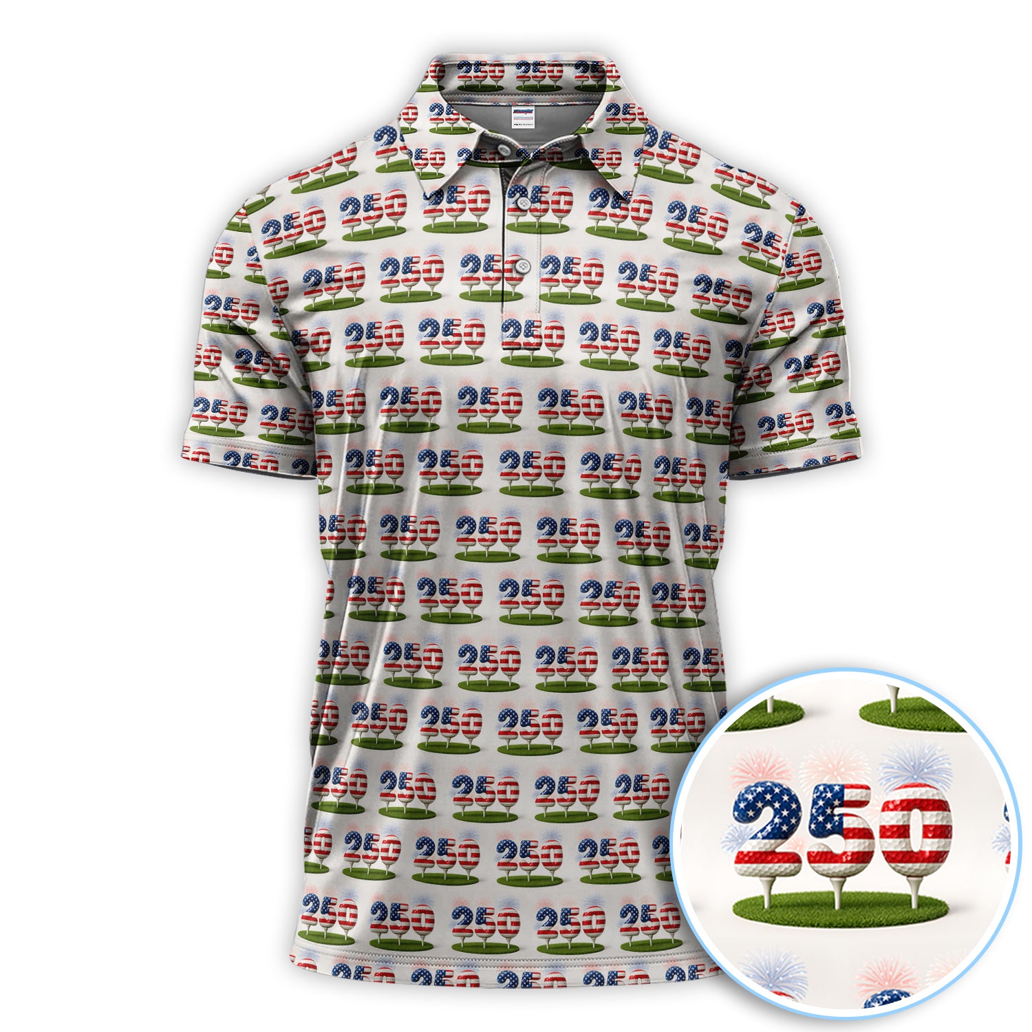 Men’s Golf Polos, 250th Anniversary USA Golf Shirt, 250 USA Birthday Pattern Golf Shirt For Golfer