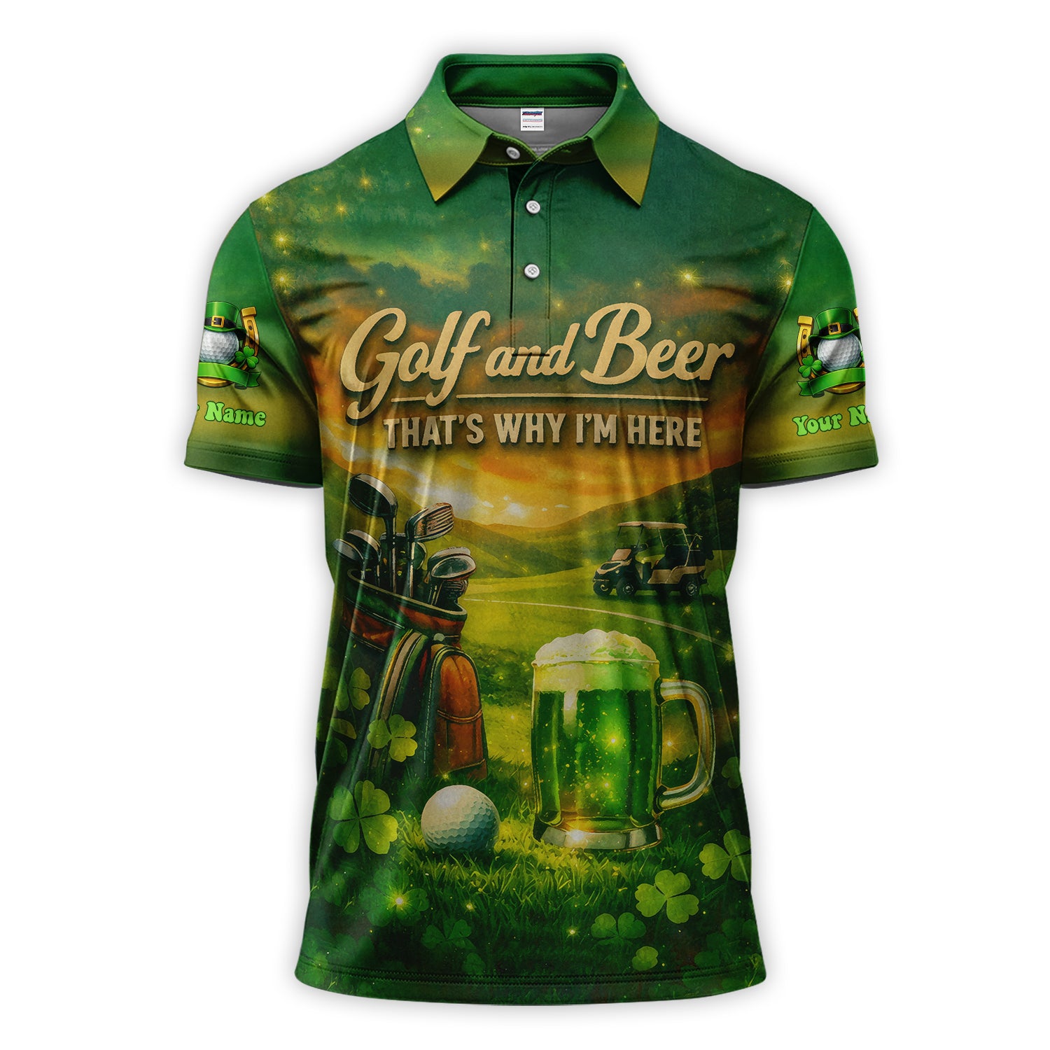 Personalized St Patrick Shamrock Beer Golf Shirt, Green Clover Golf Bag Beer Pattern Golf Polos, Custom Golf Gift For Golfer