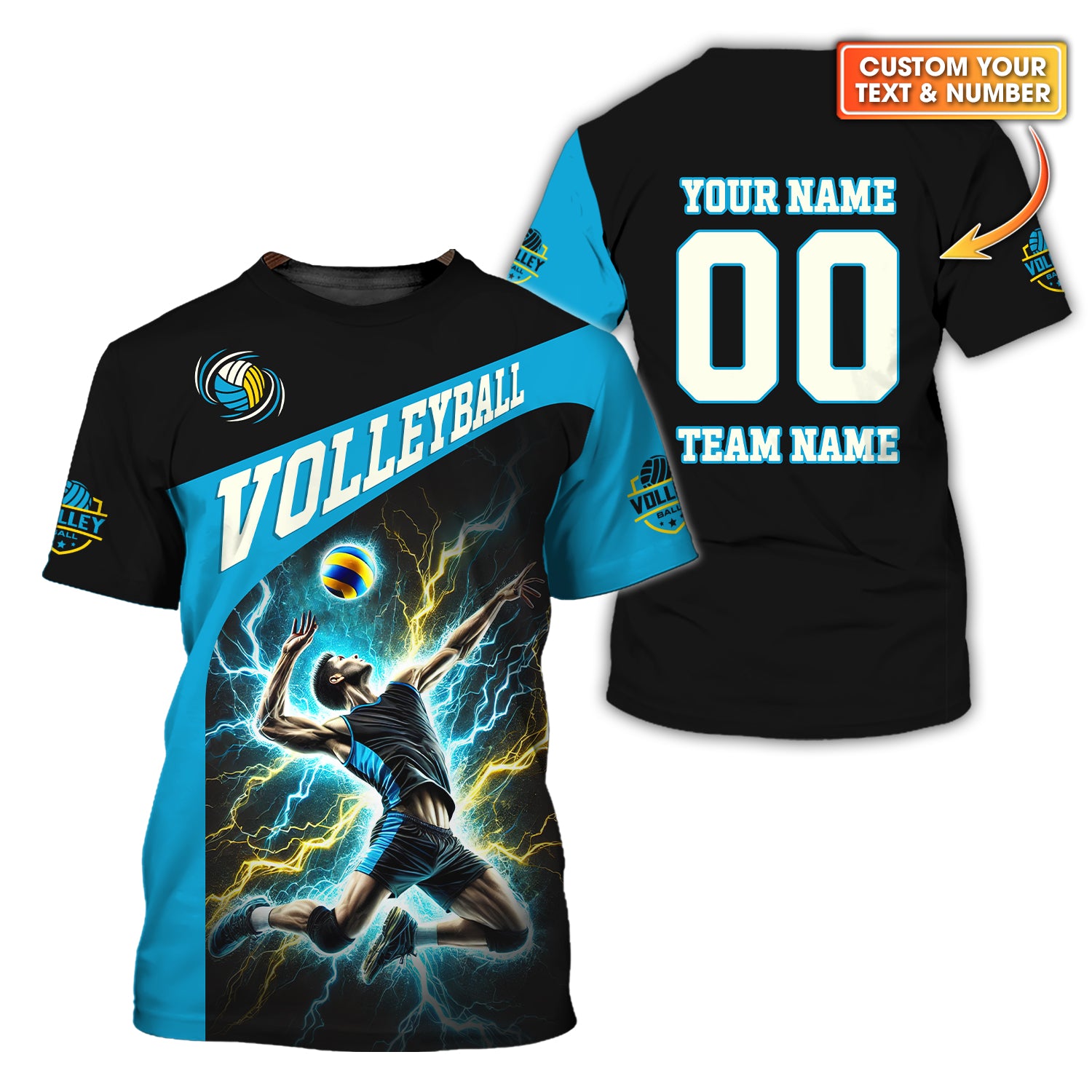 Custom Volleyball T-Shirt – Male Athlete Spiking with Lightning