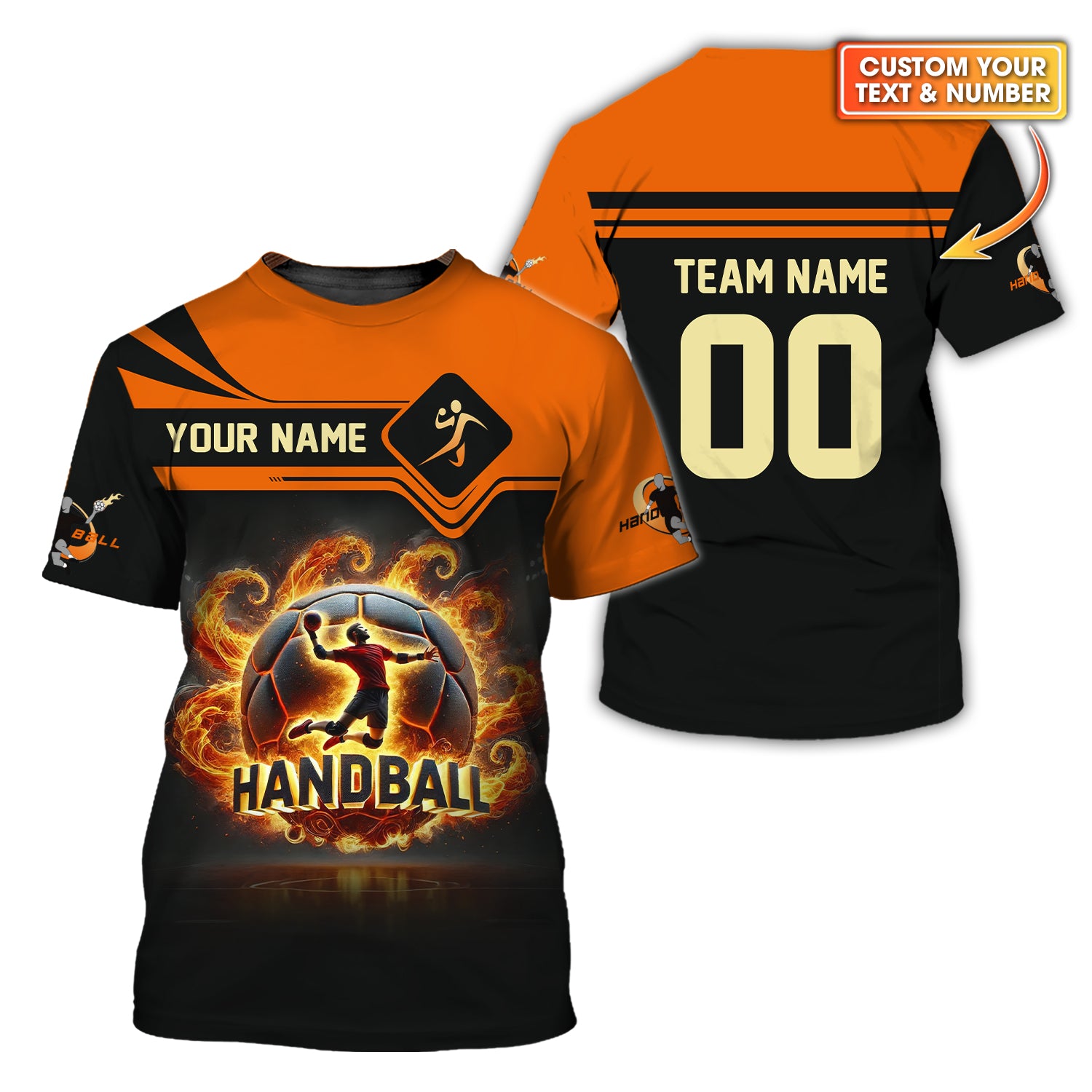 Custom Name & Number Handball Player T-Shirt 3D Fireball, Handball Shirt, Lightweight Sportswear, Gift For Sports Fan