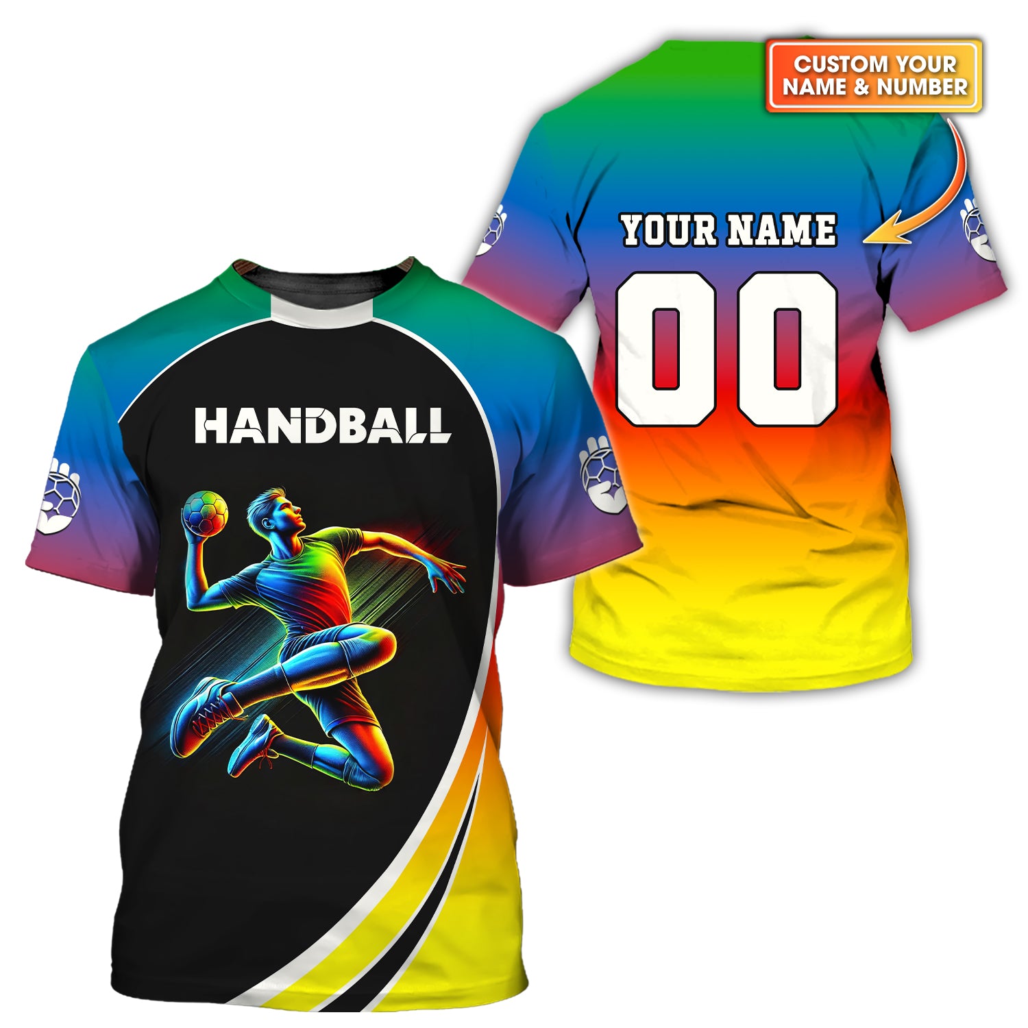Custom Name & Number Handball Player Multicolor T-Shirt 3D Design, Handball Shirt, Lightweight Sportswear, Gift For Sports Fan
