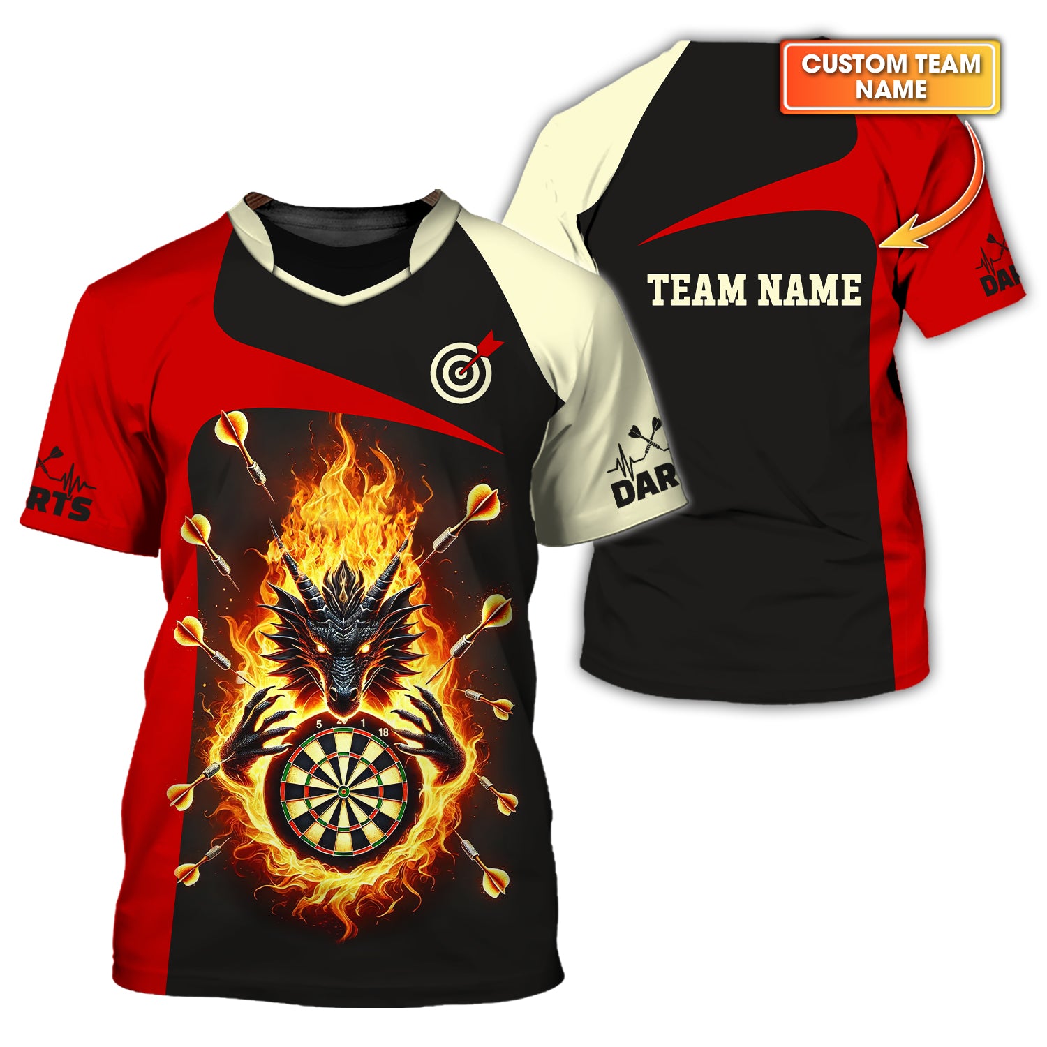 Darts Target Custom Team Name 3D T-Shirt Dragon, Polo Shirt For Darts Player, Darts Shirts, Gift For Darts Lovers