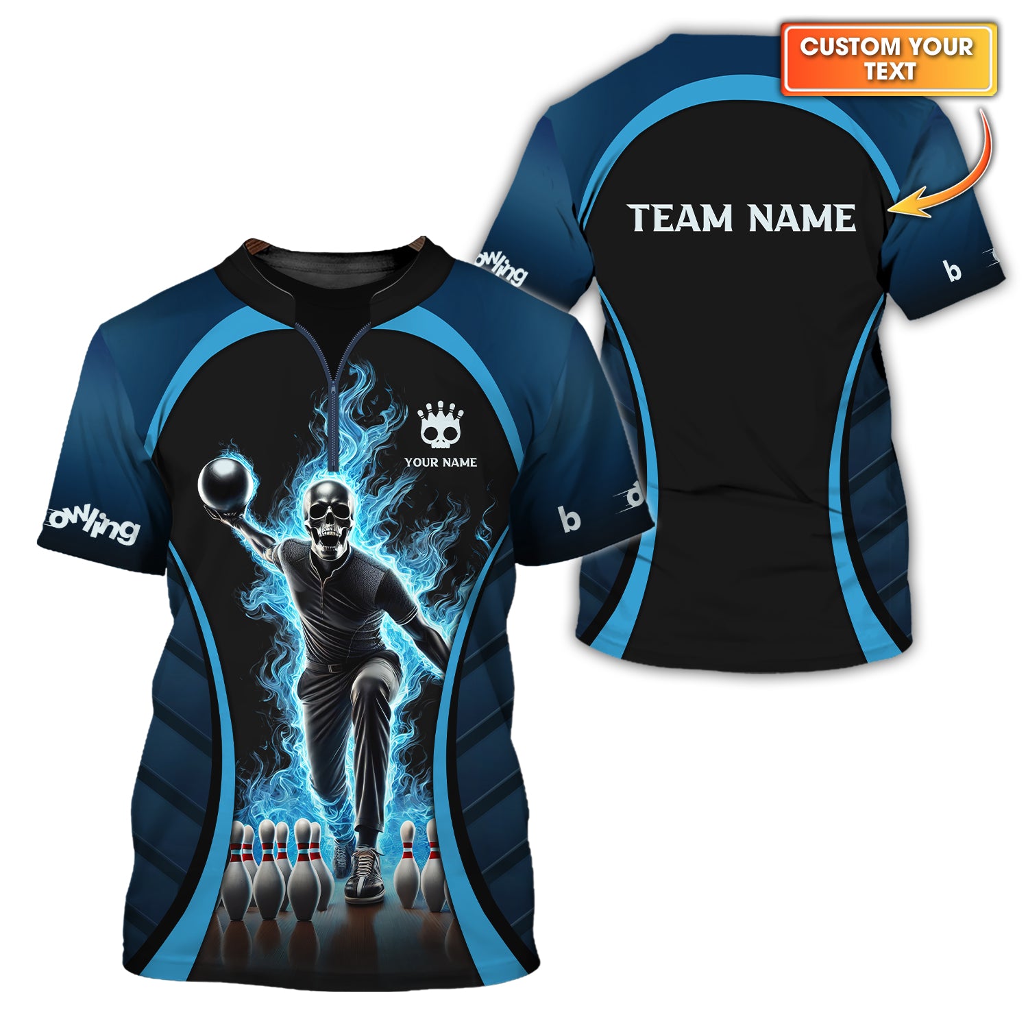 Skull Reaper Strike Bowling with Blue Smoke T Shirt, Custom Bowling Jersey, Bowling Shirts for Men