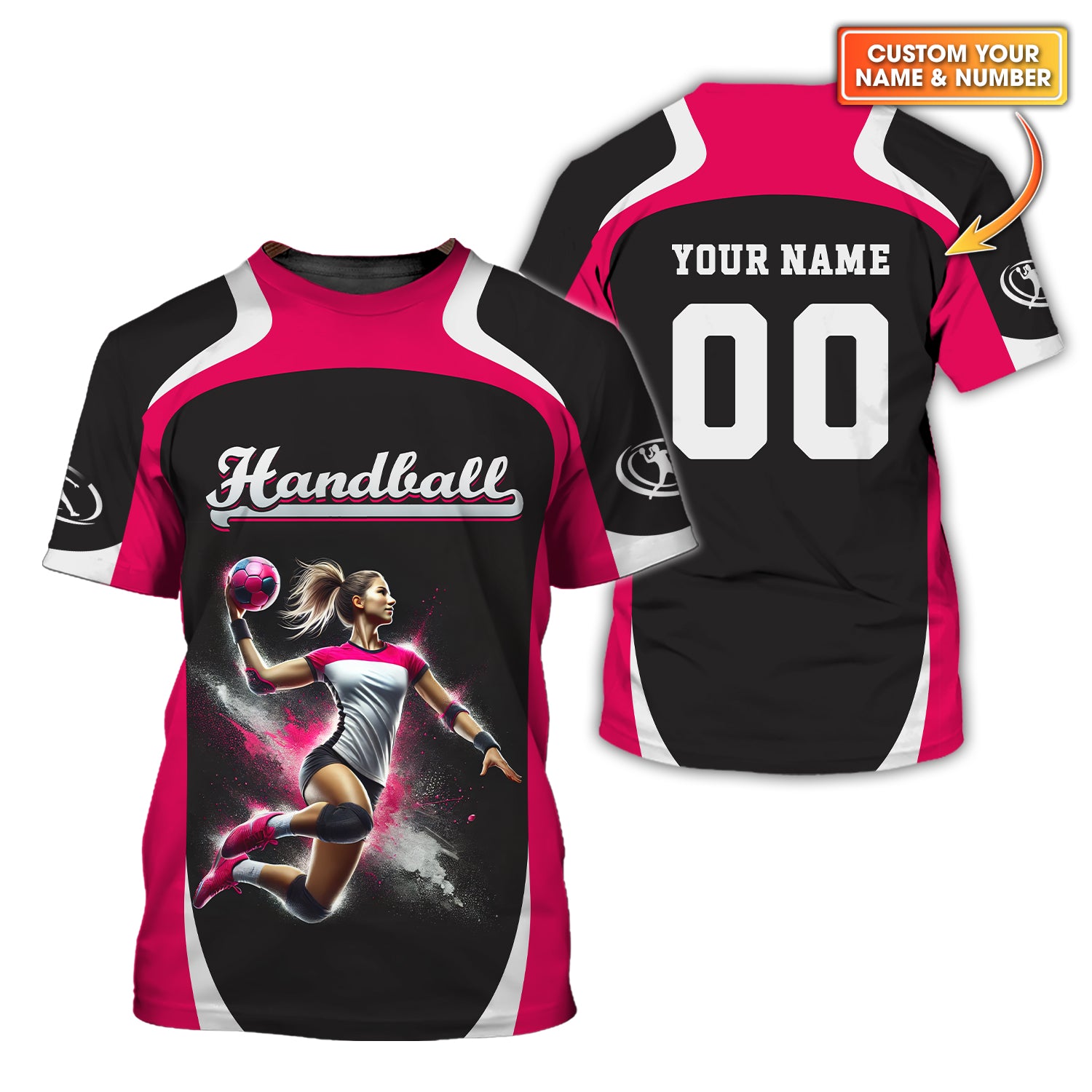 Custom Handball Female Player Action Pose 3D Splash Effect T-Shirt, Gift For Handball Fan