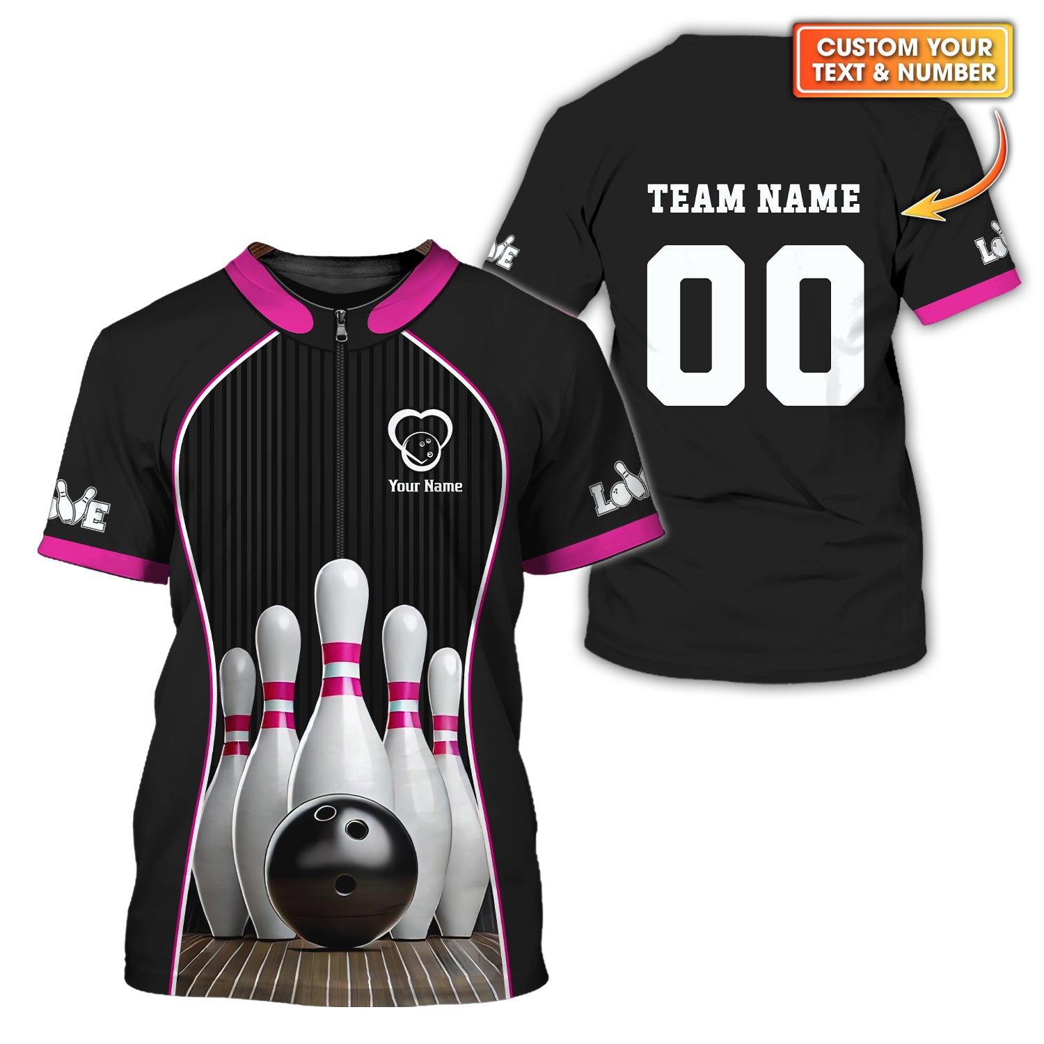 Custom Name Bowling T Shirt, 3D Bowling Pin & Ball Design, Bowling Presents