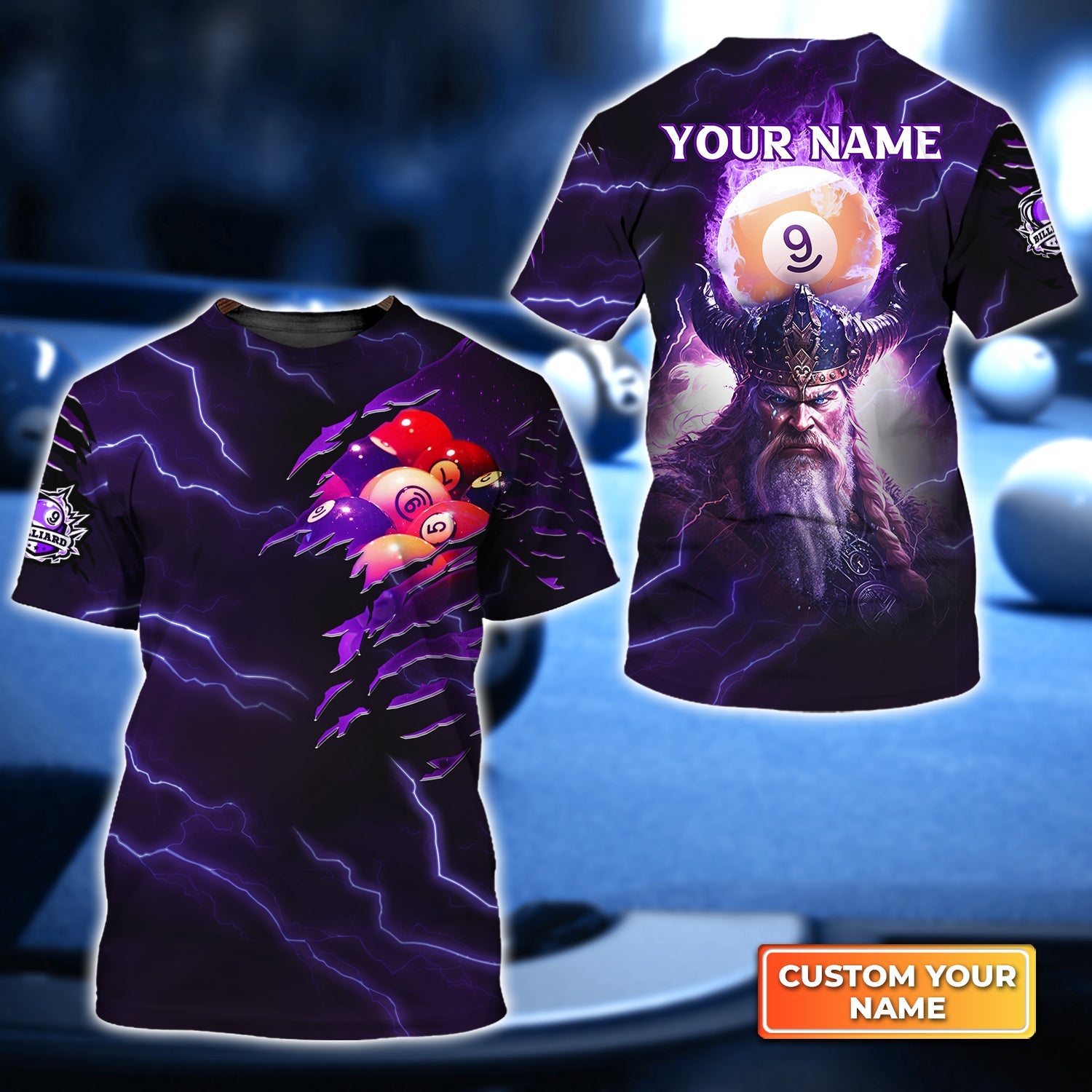 Billiard Pool 9 Ball Thunder Viking Personalized Name 3D Tshirt Gift Billiard Players