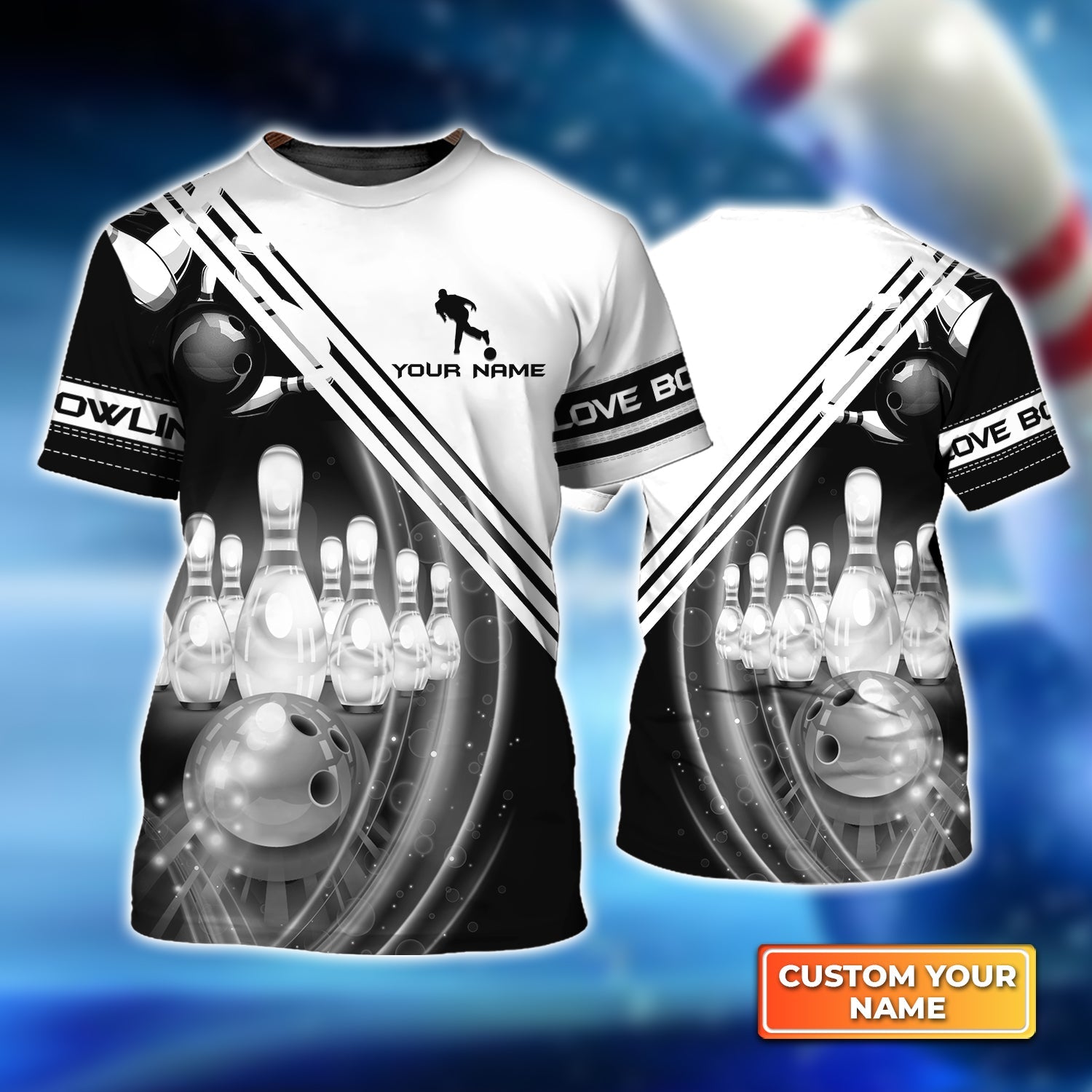 Black And White Bowling Ball In Motion And The Pins Personalized Name 3D Tshirt