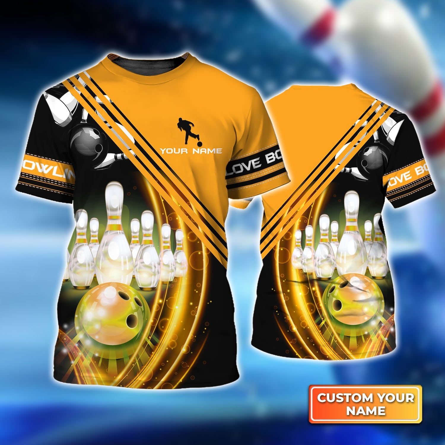 Yellow Bowling Ball In Motion And The Pins Personalized Name 3D Tshirt