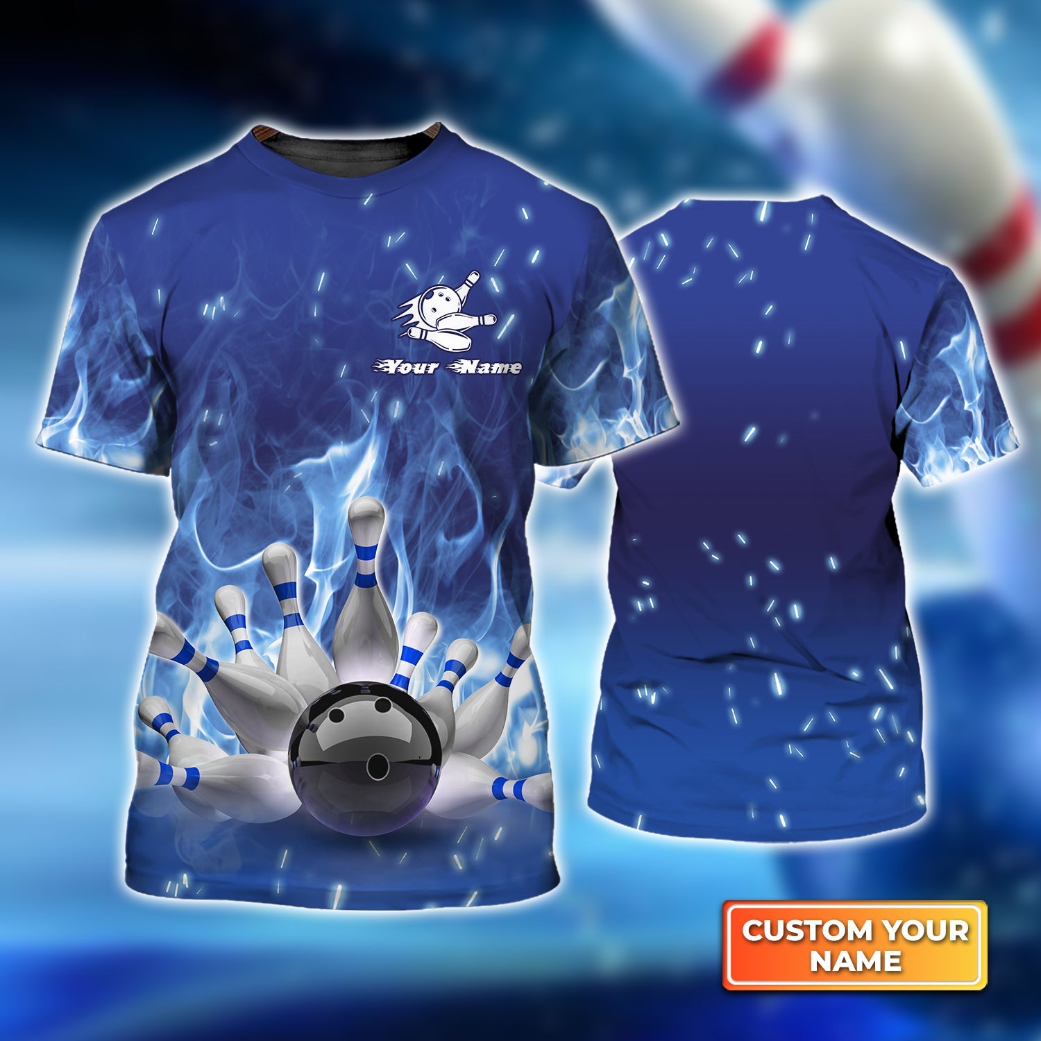 Bowling On Blue Fire Personalized Name 3D Tshirt