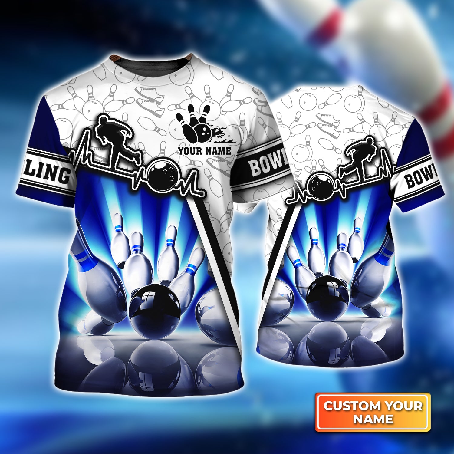 Blue Neonlights Bowling Personalized Name 3D Tshirt