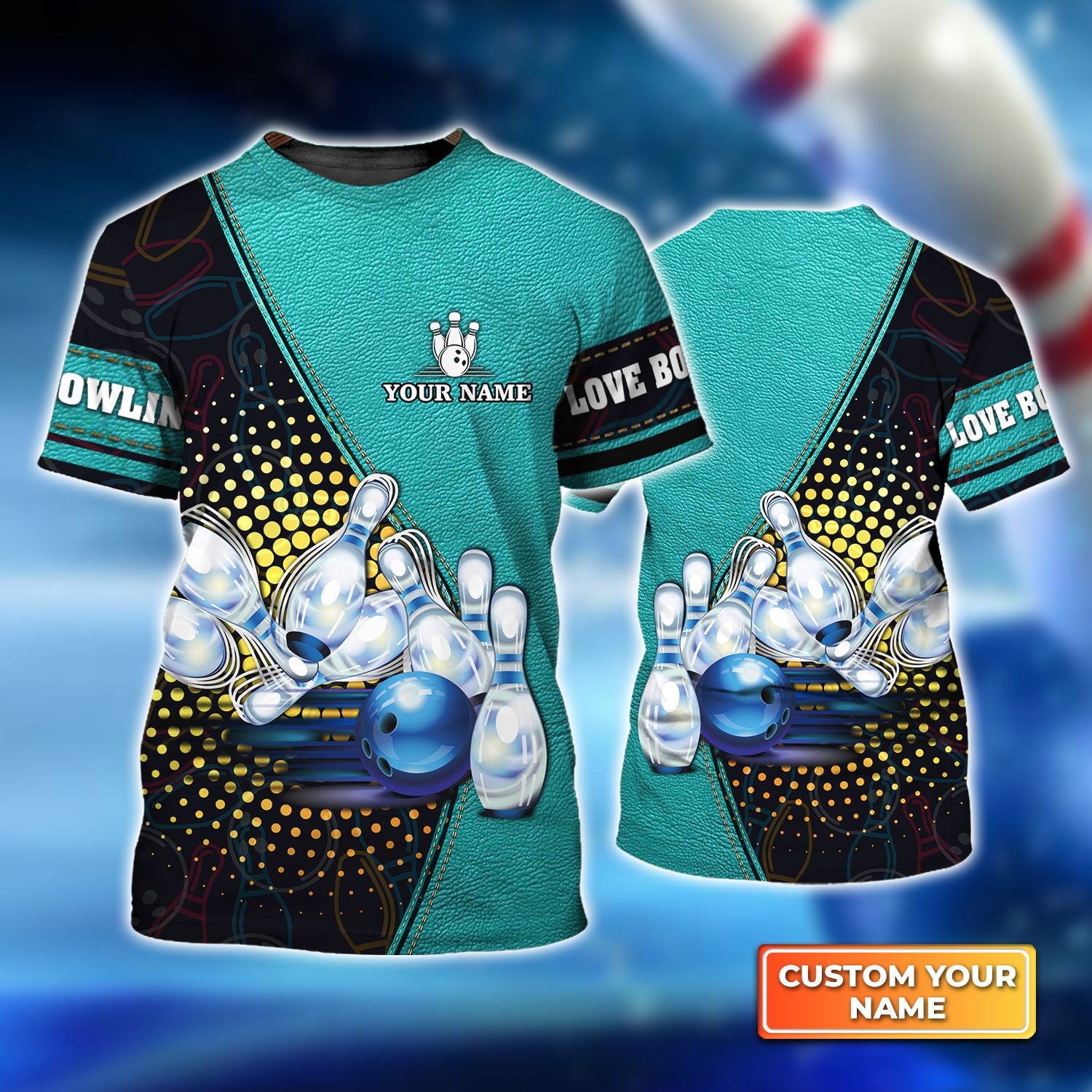 Bowling Game Sign Icon with Pin Skittle Personalized Name 3D Tshirt