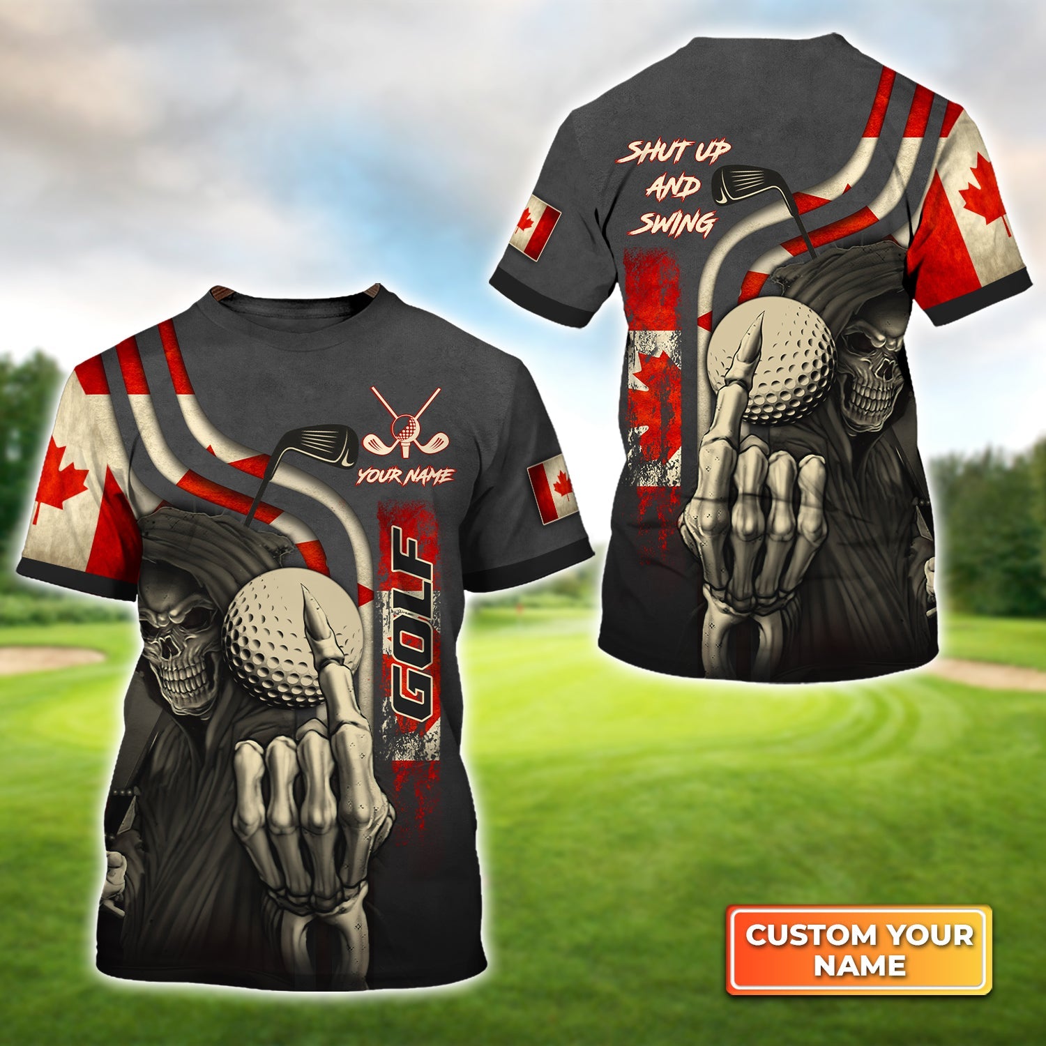 Canada Flag Skull Golf Shut Up And Swing, Personalized Name 3D Tshirt Gift For Golfer