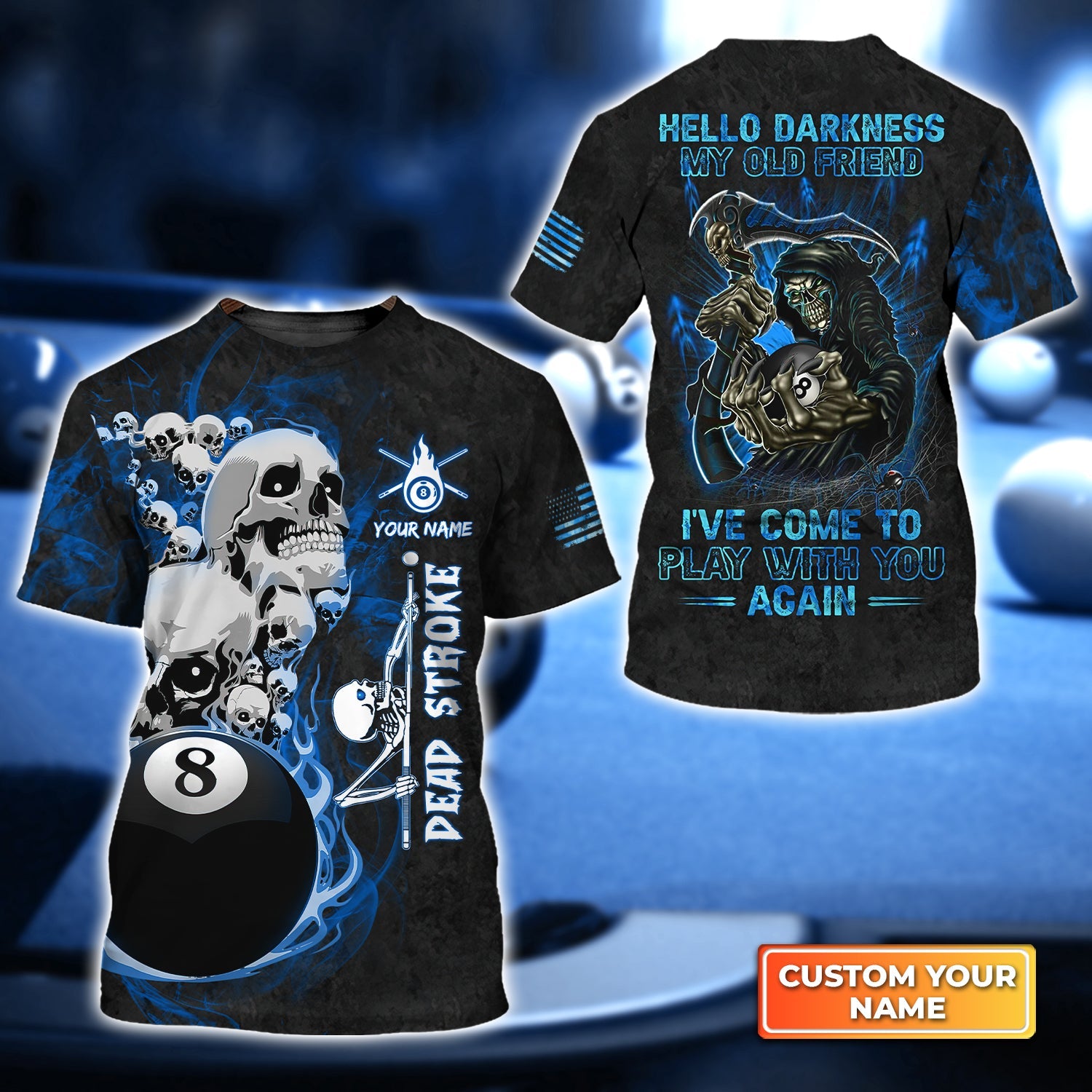 Billiard Pool 8 Ball Hello Darkness My Old Friend Blue Galaxy Personalized Name 3D Tshirt Gift For Billiard Players