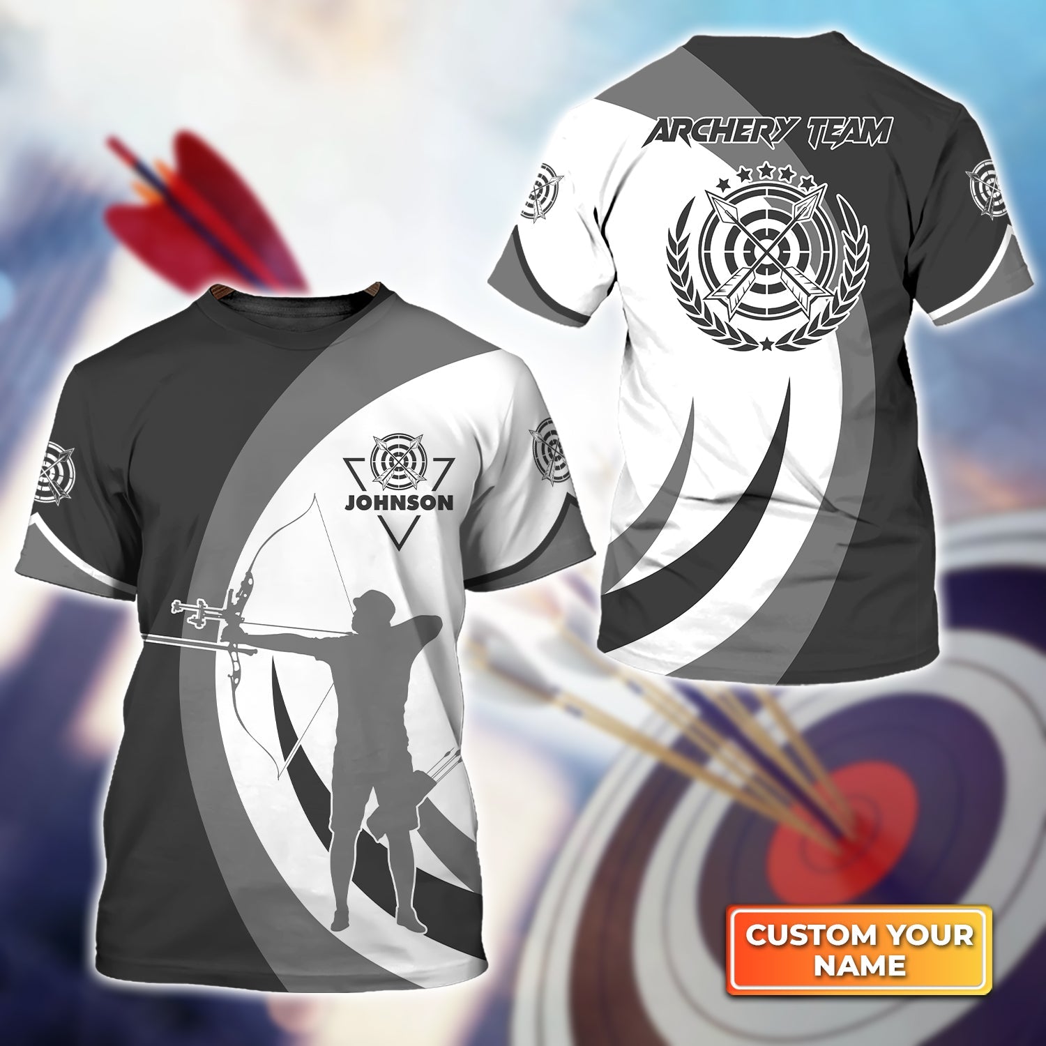 Black And Grey Silhouette Archery Target Personalized Name 3D Tshirt Gift For Archer