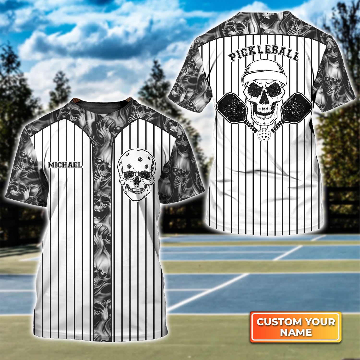 Skull Vertical Stripes Personalized Name 3D Tshirt Gift For Pickleball Player