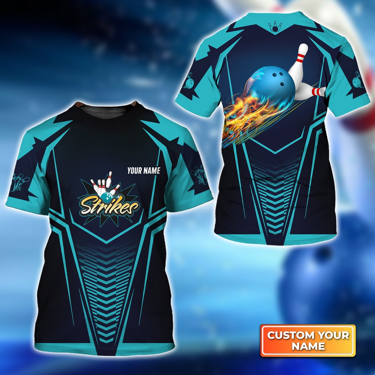 Bowling Strikes Blue Bowling Ball Crashing The Pins Personalized Name 3D Tshirt Gift For Bowler