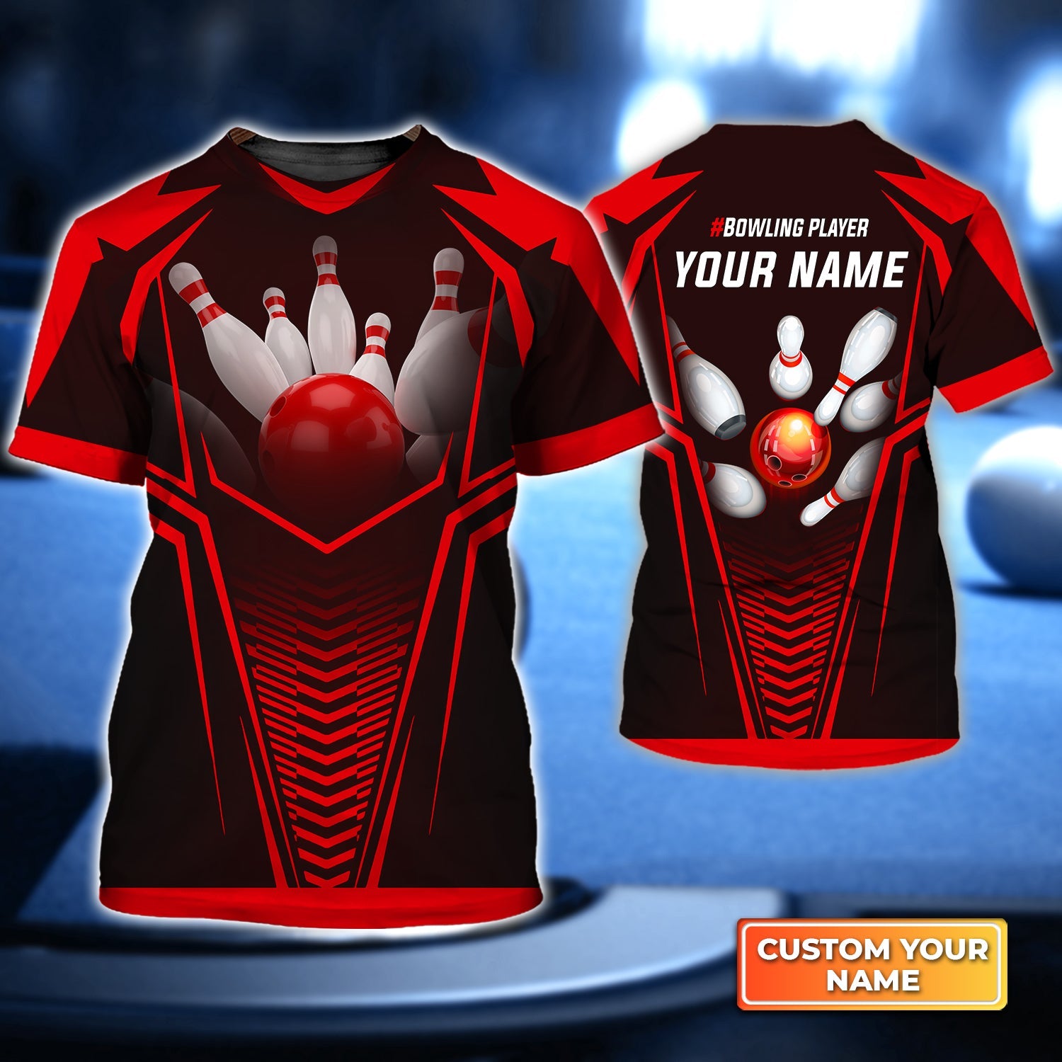 Red Bowling Ball Crashing The Pins Personalized Name 3D Tshirt Gift For Bowler