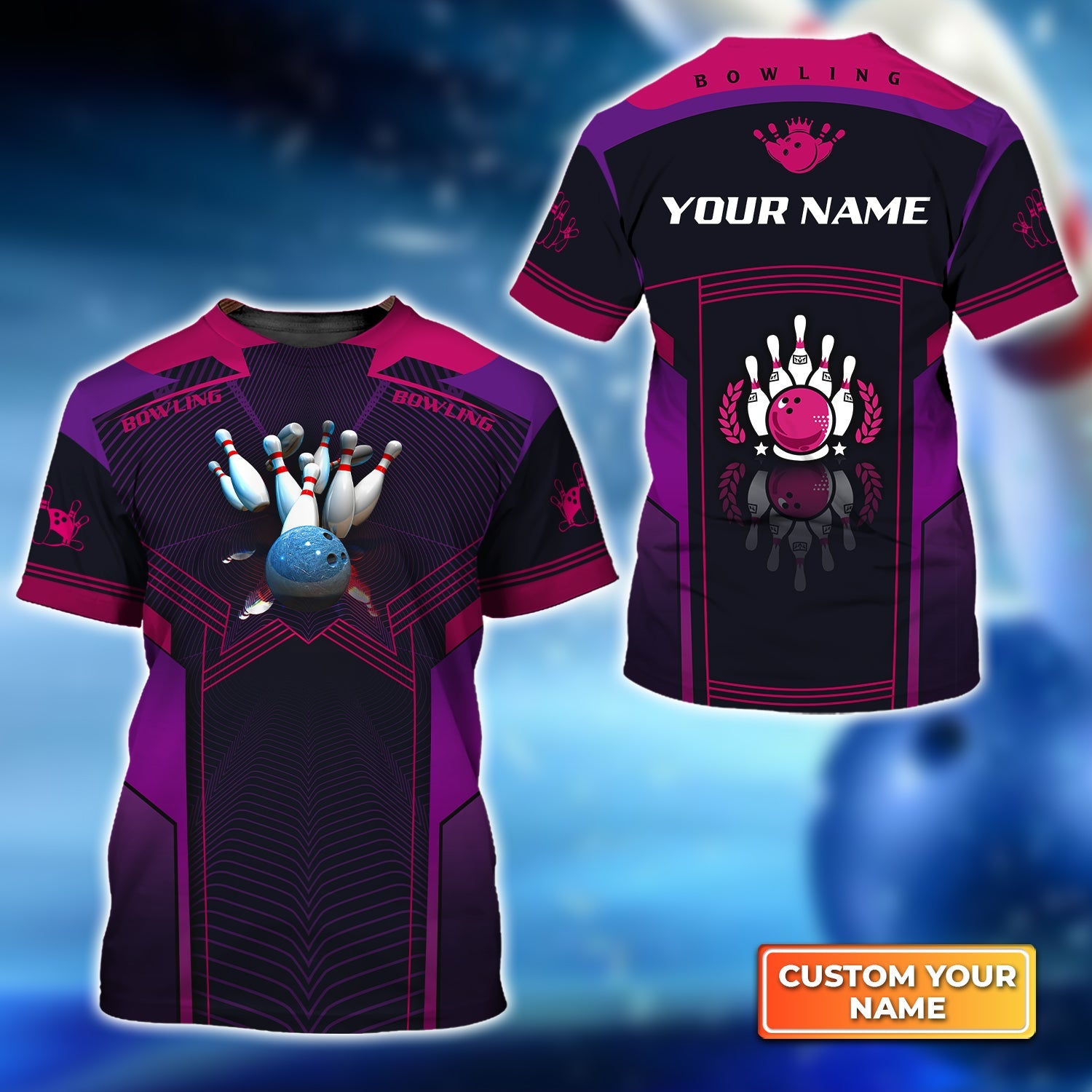 The Blue Bowling Ball Crashing The Pins Purple Pattern Personalized Name 3D Tshirt
