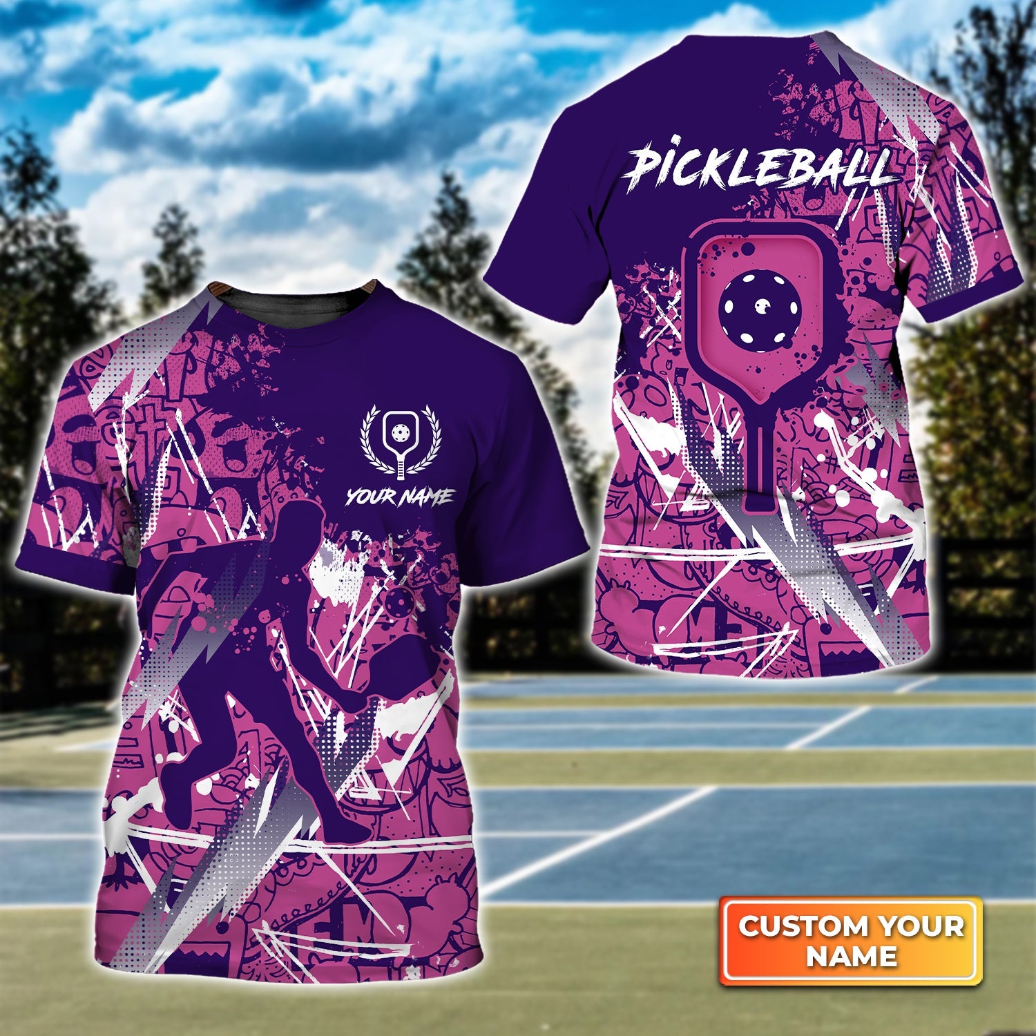 Pickleball, Scritch Man Purple Pink Pattern Personalized Name 3D Tshirt Gift For Pickleball Player