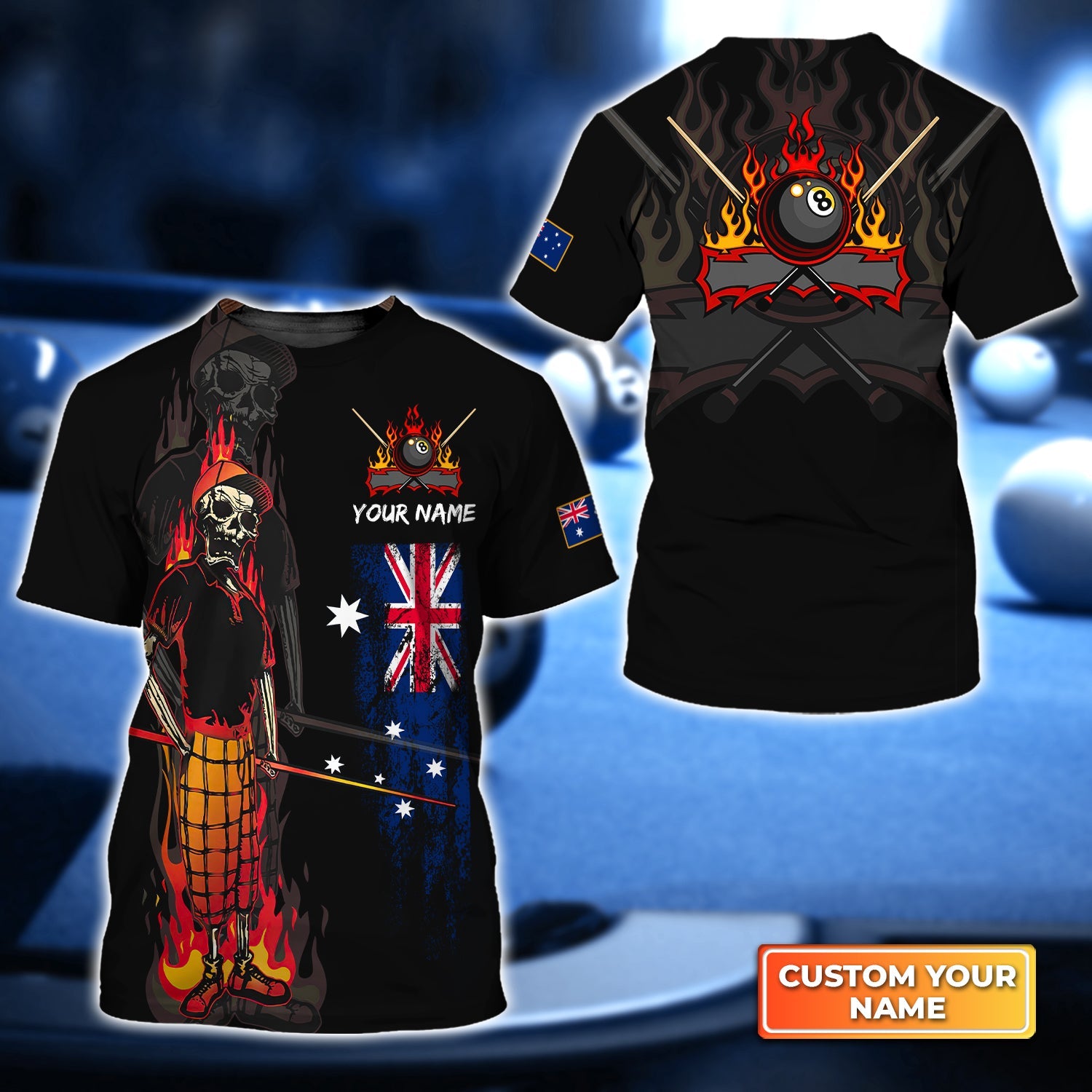 Bones 8 Ball Australia Flag Billiards Personalized Name 3D Tshirt Gift For Billiard Players