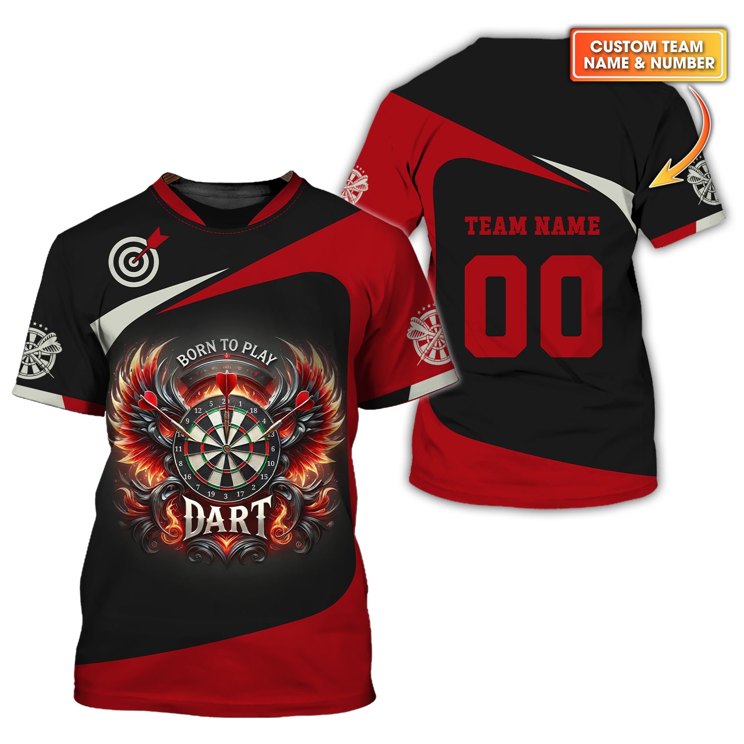 Custom Darts Team Name & Number Personalized 3D Fire Wing Polo Shirt, T-shirt For Darts Player, Darts Shirts, Gift For Darts Lovers