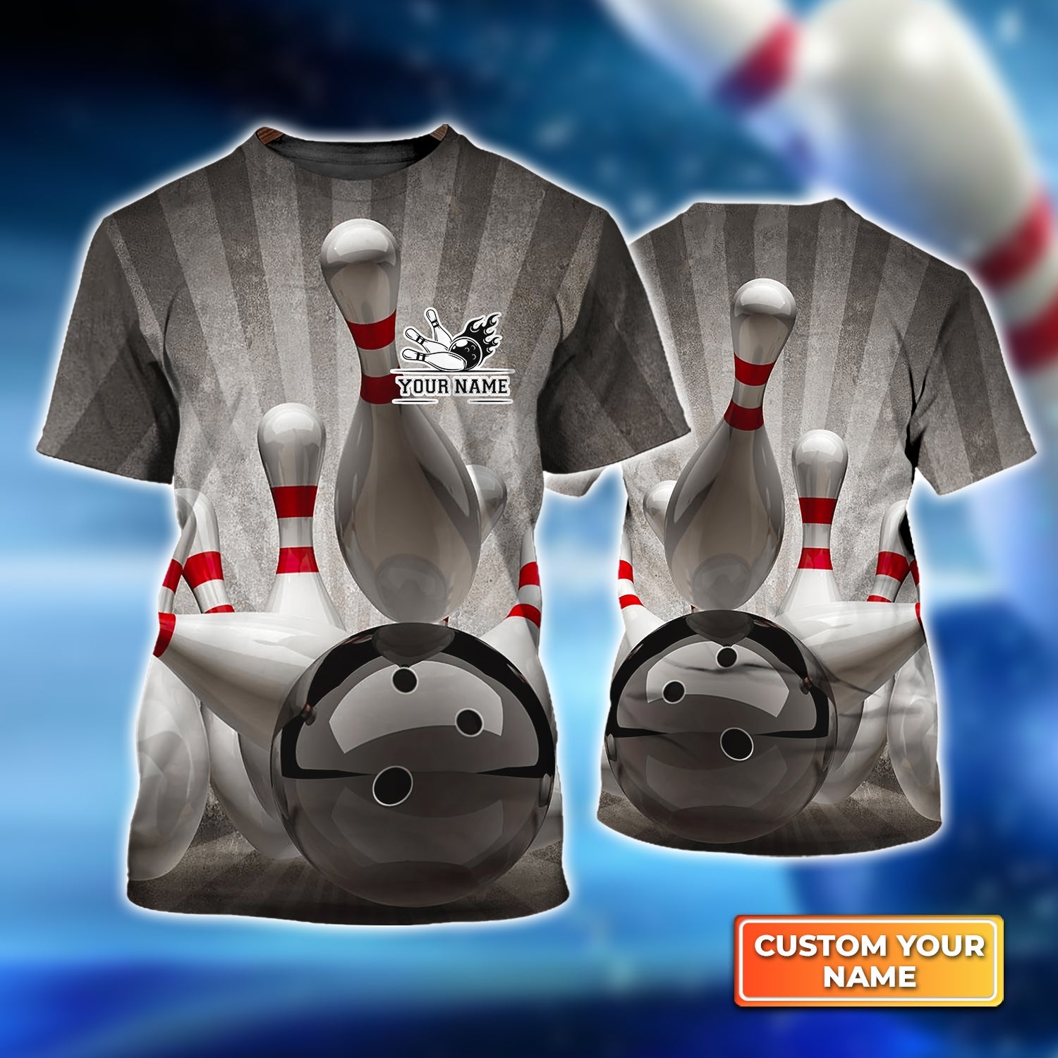 Bowling Ball Crashing into the Pins on Vintage Personalized Name 3D Tshirt