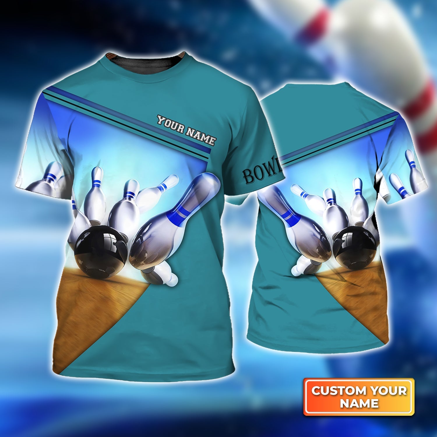 Ten Pin Bowling Blue Colorful Personalized Name 3D Tshirt For Bowling Player