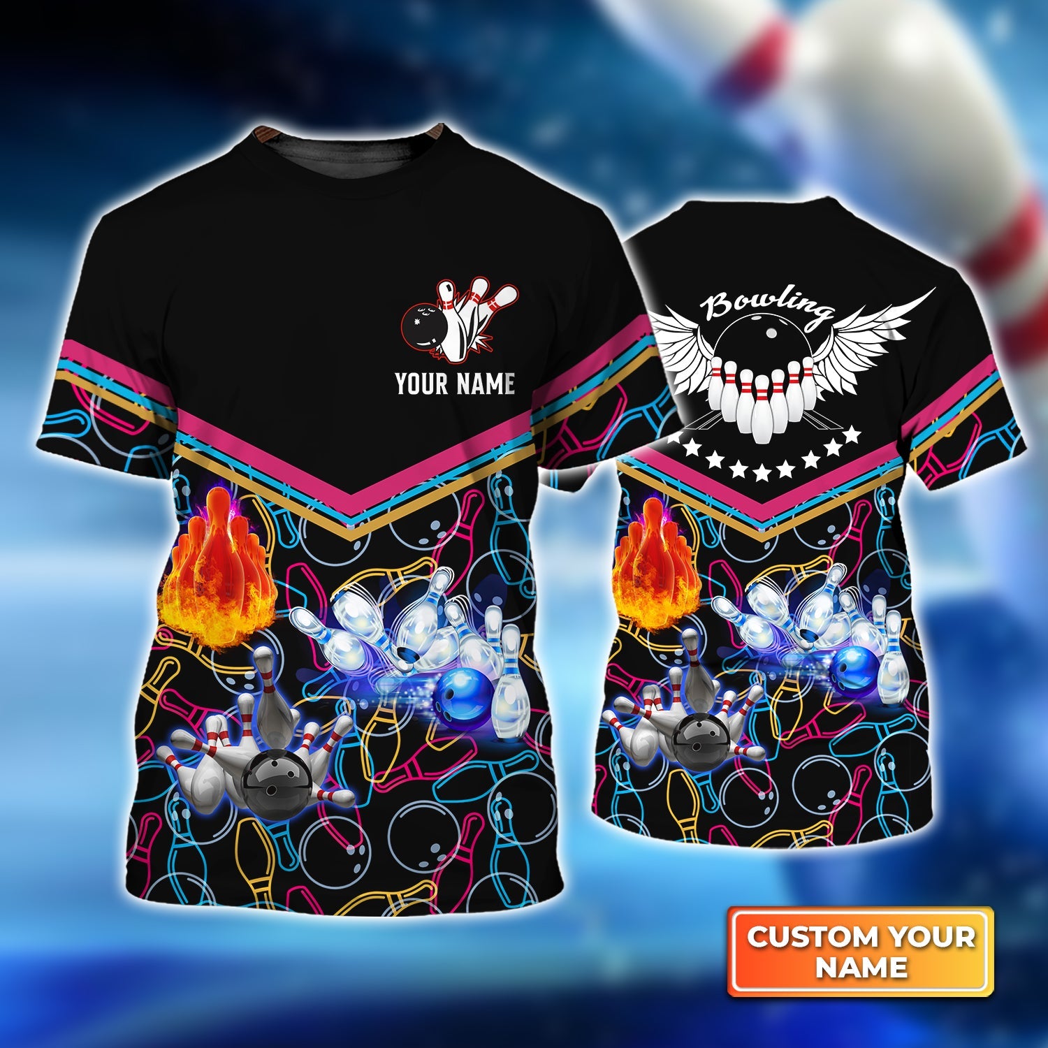 Bowling Strike Abstract Colorful Personalized Name 3D Tshirt For Bowling Player