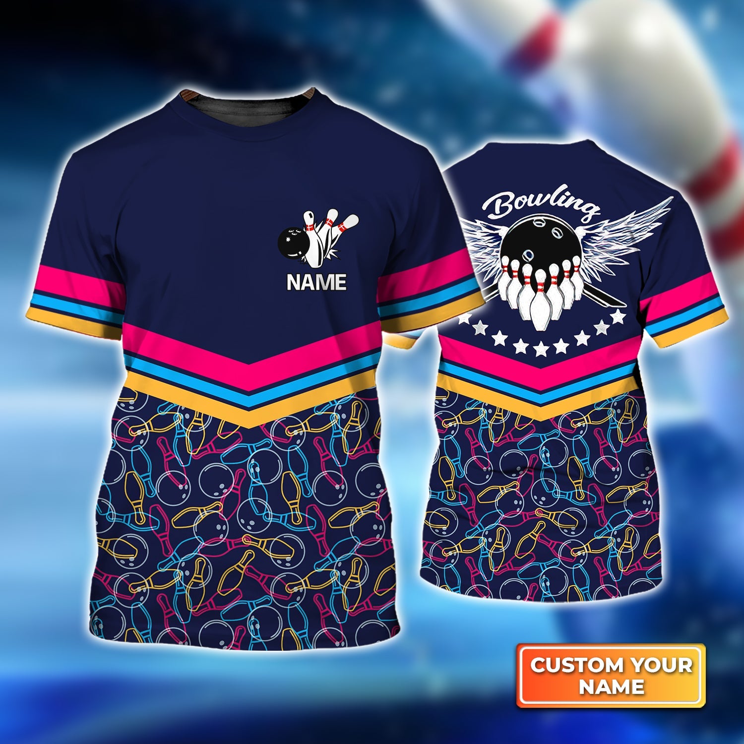 Color Linear Bowling Balls and Bowling Pins Personalized Name 3D Tshirt For Bowling Player