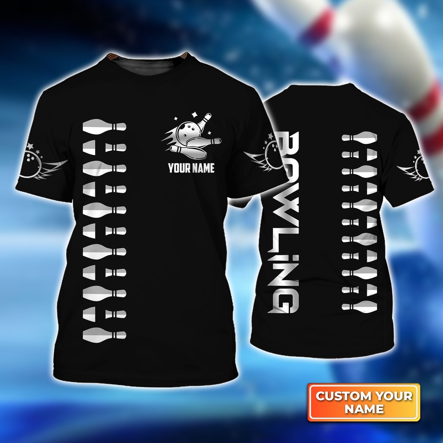Bowling Strike Black And White Personalized Name 3D Tshirt