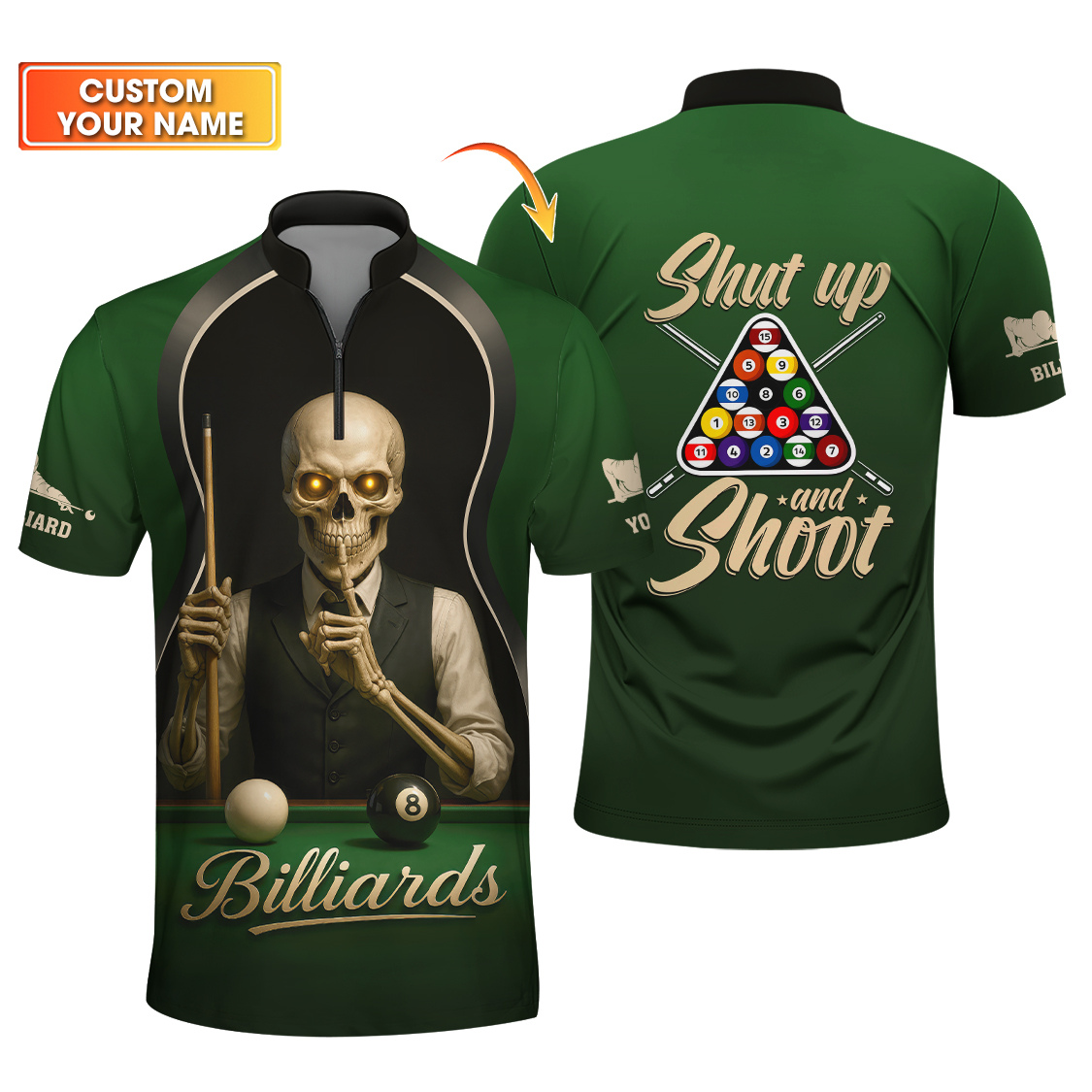 Shut Up and Shoot Billiards Shirt For Men β Custom Skeleton Pool League Polo β Funny Cue Sports Billiards Jersey - Fatherβs Day Gift Idea