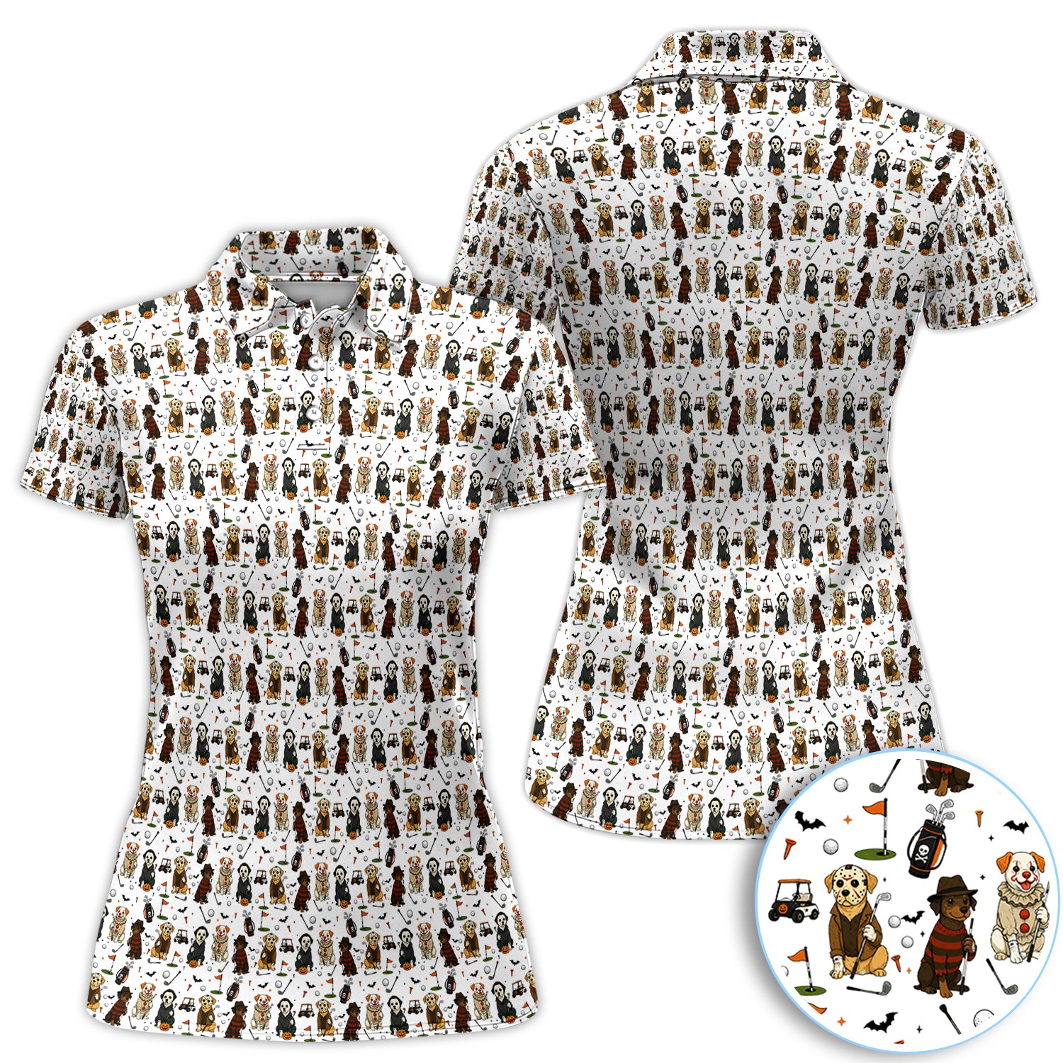 Spooky Slasher Dog Golf Pattern Shirt, Horror Pup Golf Polo For Women, Halloween Golf Lover Gift