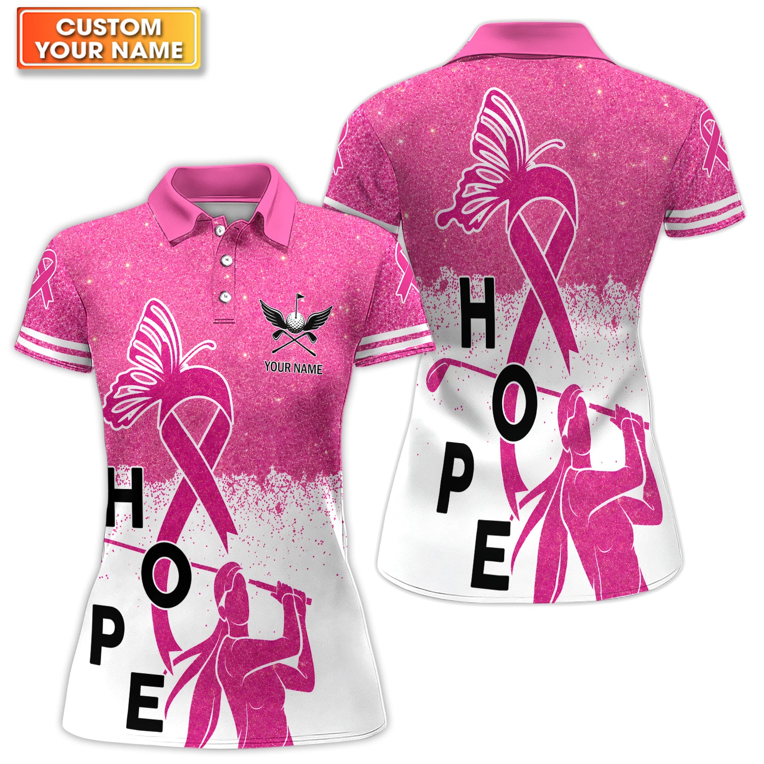 Hope Pink Ribbon Custom Name Golfer Polo for Women - Personalized Breast Cancer Awareness Golf Polo Shirt